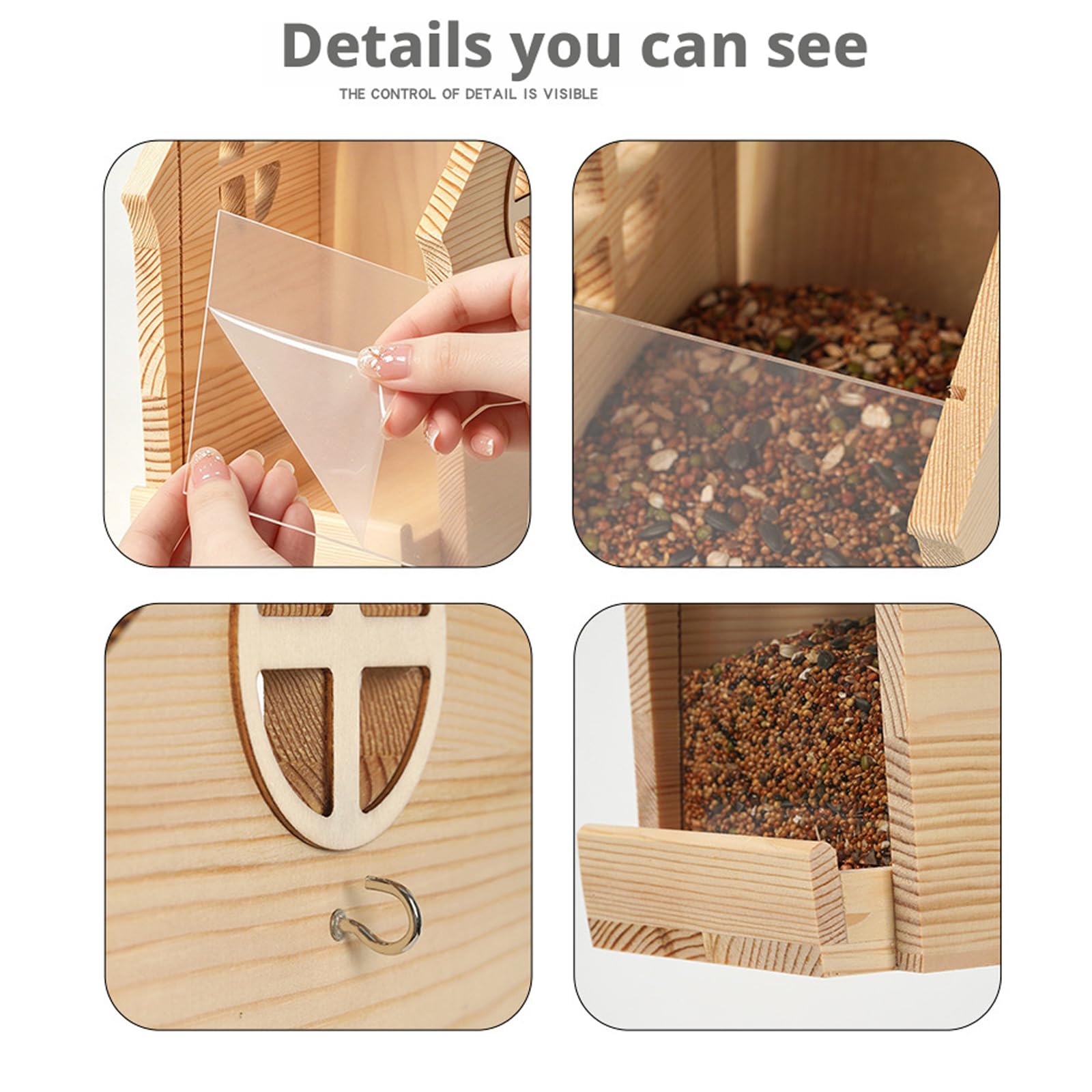 Decorazione per mangiatoia per uccelli da patio, casetta per mangiatoia per uccelli da esterno in legno con vassoio accesso aperto, finitura in legno naturale e ramo un albero o display da