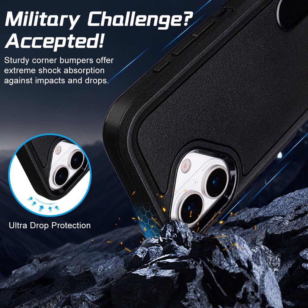 for Case iPhone 17 Case with Belt Clip Holster, Heavy Duty Protective Phone Cases for Work & Outdoor, Military-Grade Shockproof Cover with Kickstand, Dustproof Port Protection Clip (Black)