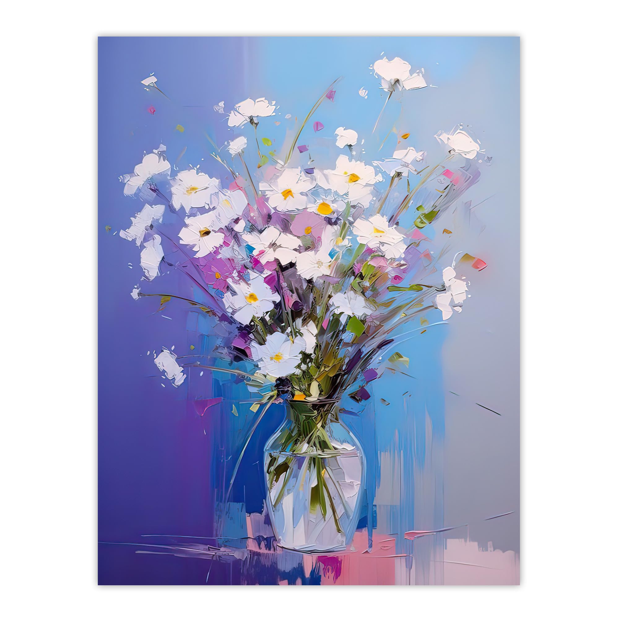 Artery8 White Daisy Bouquet in Glass Vase Abstract Oil Painting Pastel Colour Purple Blue Wildflower Blooms Large Wall Art Poster Print Thick Paper 18X24 Inch