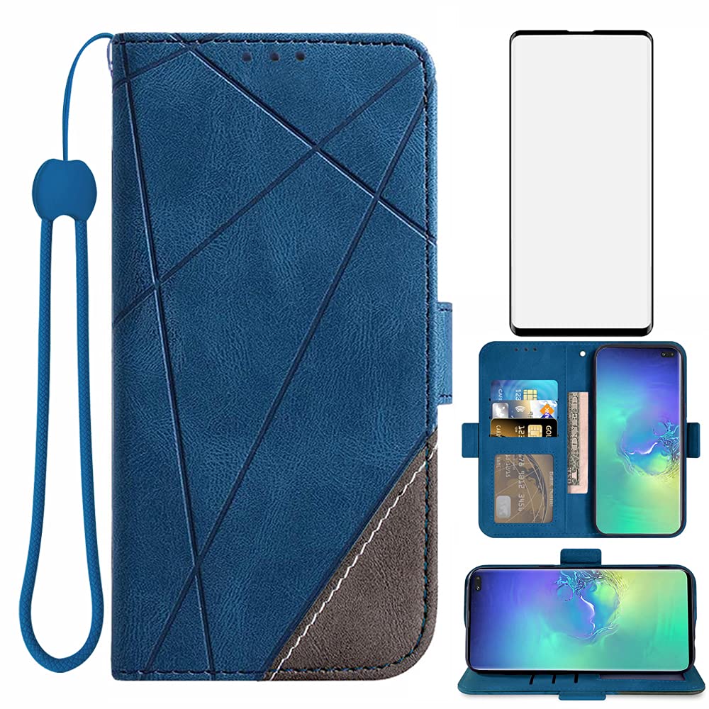 Compatible with Samsung Galaxy S10 Plus Wallet Case and Tempered Glass Screen Protector Flip Cover Card Holder Cell Accessories Phone Cases for Glaxay S10+ Galaxies S10plus 10S Edge S 10 10plus Blue