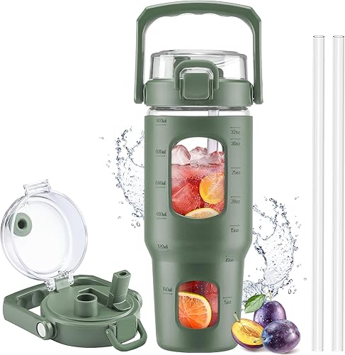 BLUEGO Botella de agua de vidrio de 32 onzas con popote y tapa, botella de agua potable de vidrio con asa, taza de café helado con marcador de