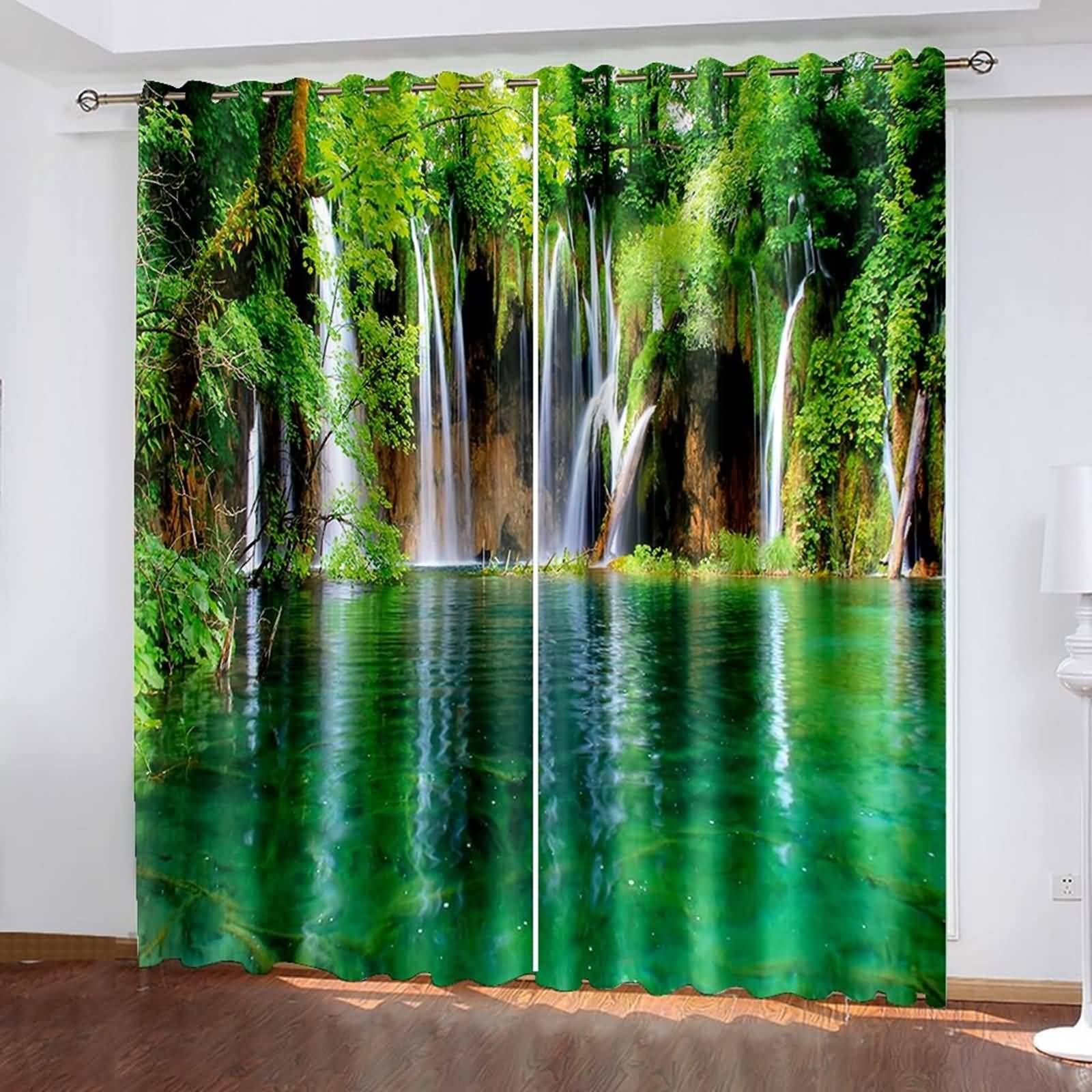 Verdunklungsvorhänge mit Ösen, 107x160cm Grün Braun Weiß Bäume, Bäche und See Sommer Vorhang Blickdicht mit Ösen Thermovorhang Kälteschutz Vorhänge Wohnzimmer Schlafzimmer Wärmeisolierend
