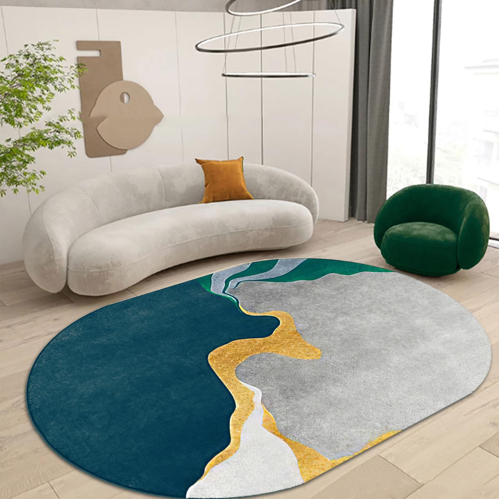Tapis ovale lavable pour salon, chambre à coucher et chambre d'enfant - Motif ovale - Durable et facile à nettoyer - Bleu sarcelle - 90 x 120 cm
