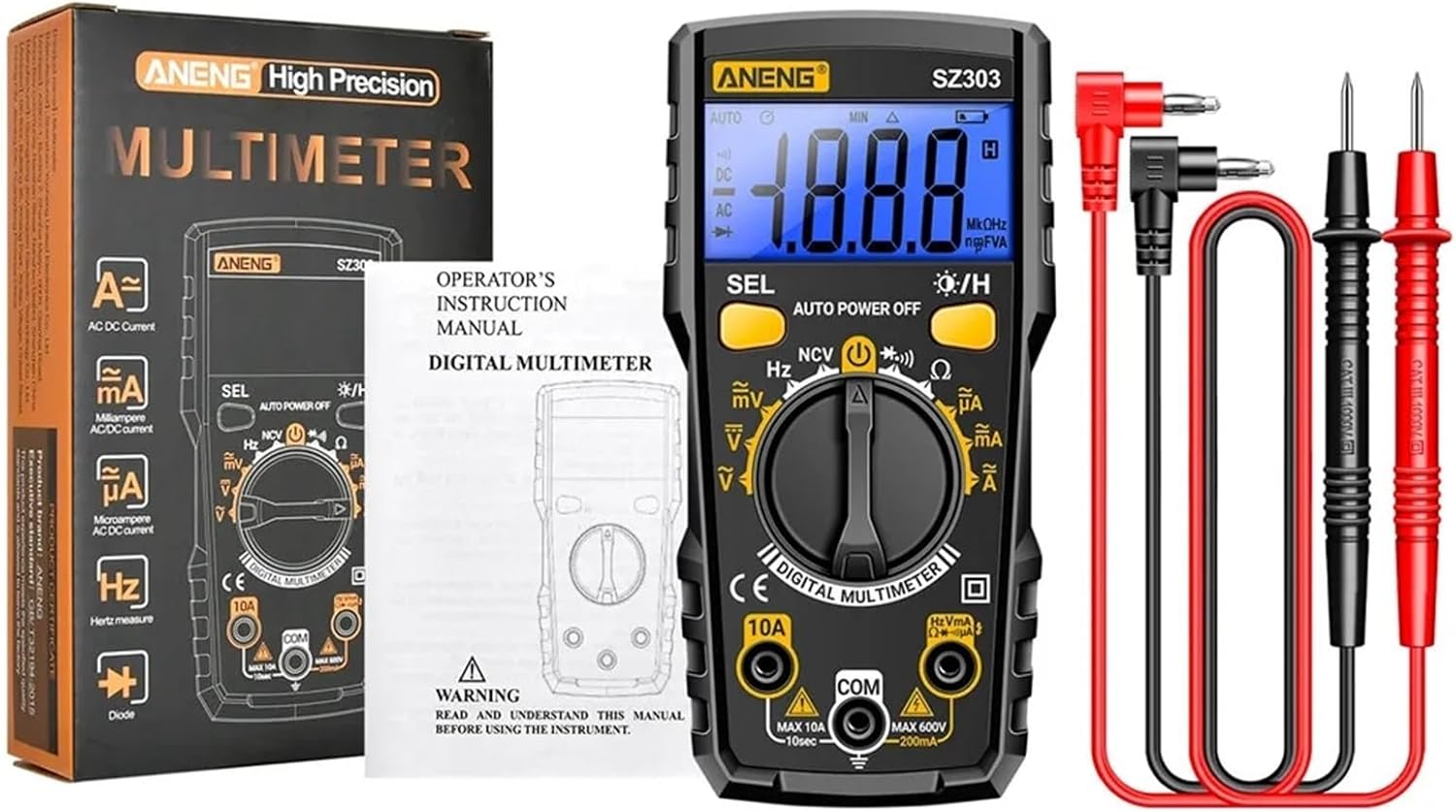 SZ303 Smart Digital Multimeter 1999 Count Professional AC/DC Voltage Current Electrical Data Retention High Precision Tool(70R)