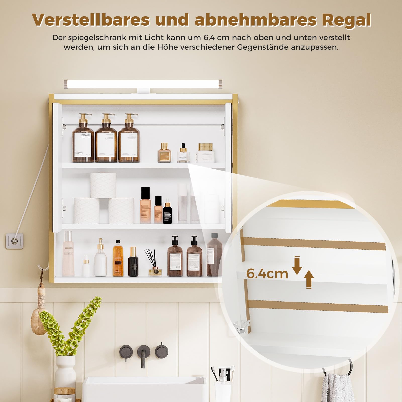 ELUCHANG Specchio da Bagno con Contenitore e Luci, Pensile da Bagno con 2 Ante, 1 Scomparto Aperto e 2 Vani Chiusi, Ripiano Interno Regolabile,Bianco+Dorata, 60x13x60cm