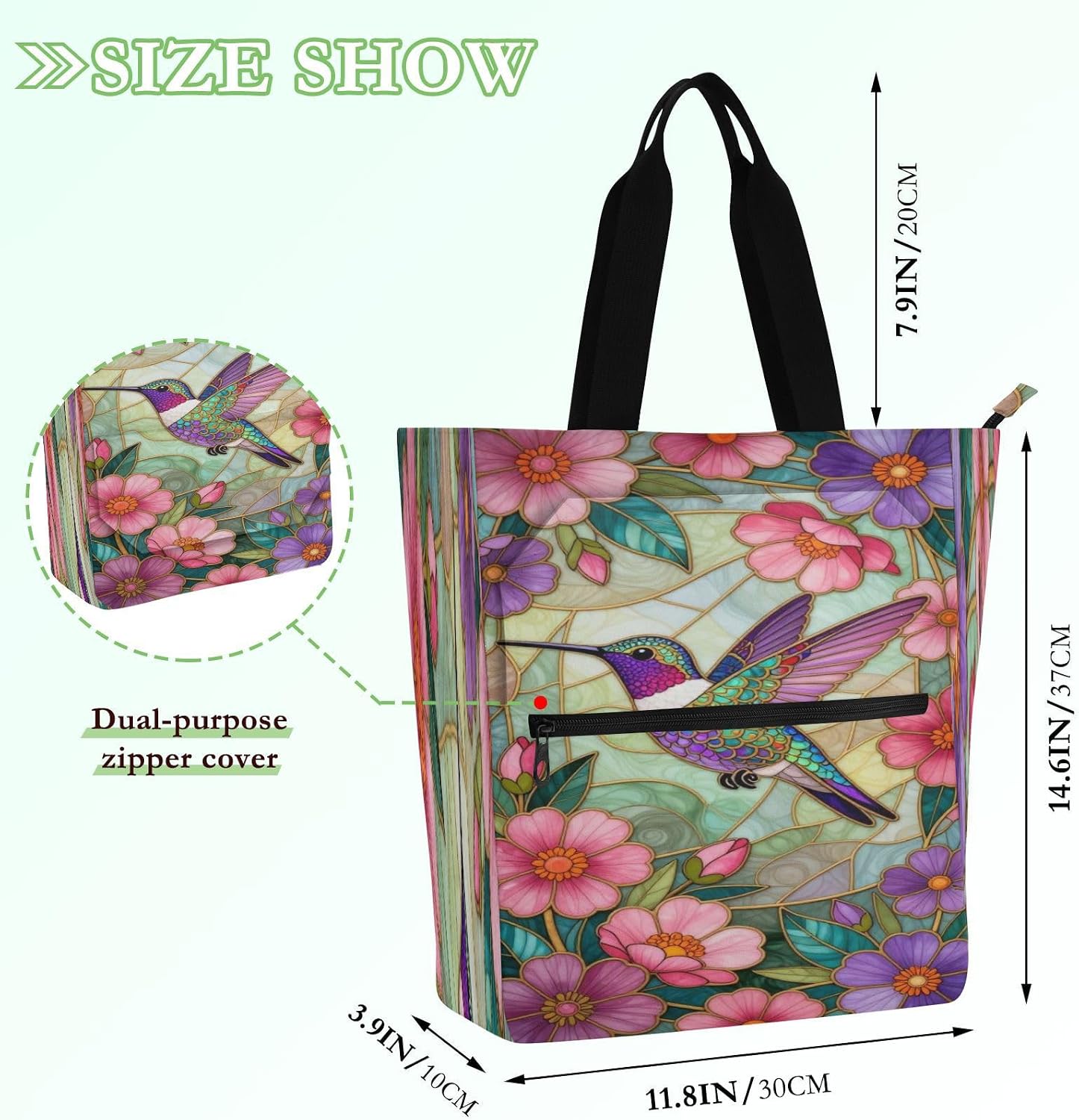 decorative Kids Cute Tote Bags for Kids Adults Hummingbird Pink Flowers Stained Glass 600D Oxford fabric Resuable Grocery Bag with Zipper for School Shopping Grocery