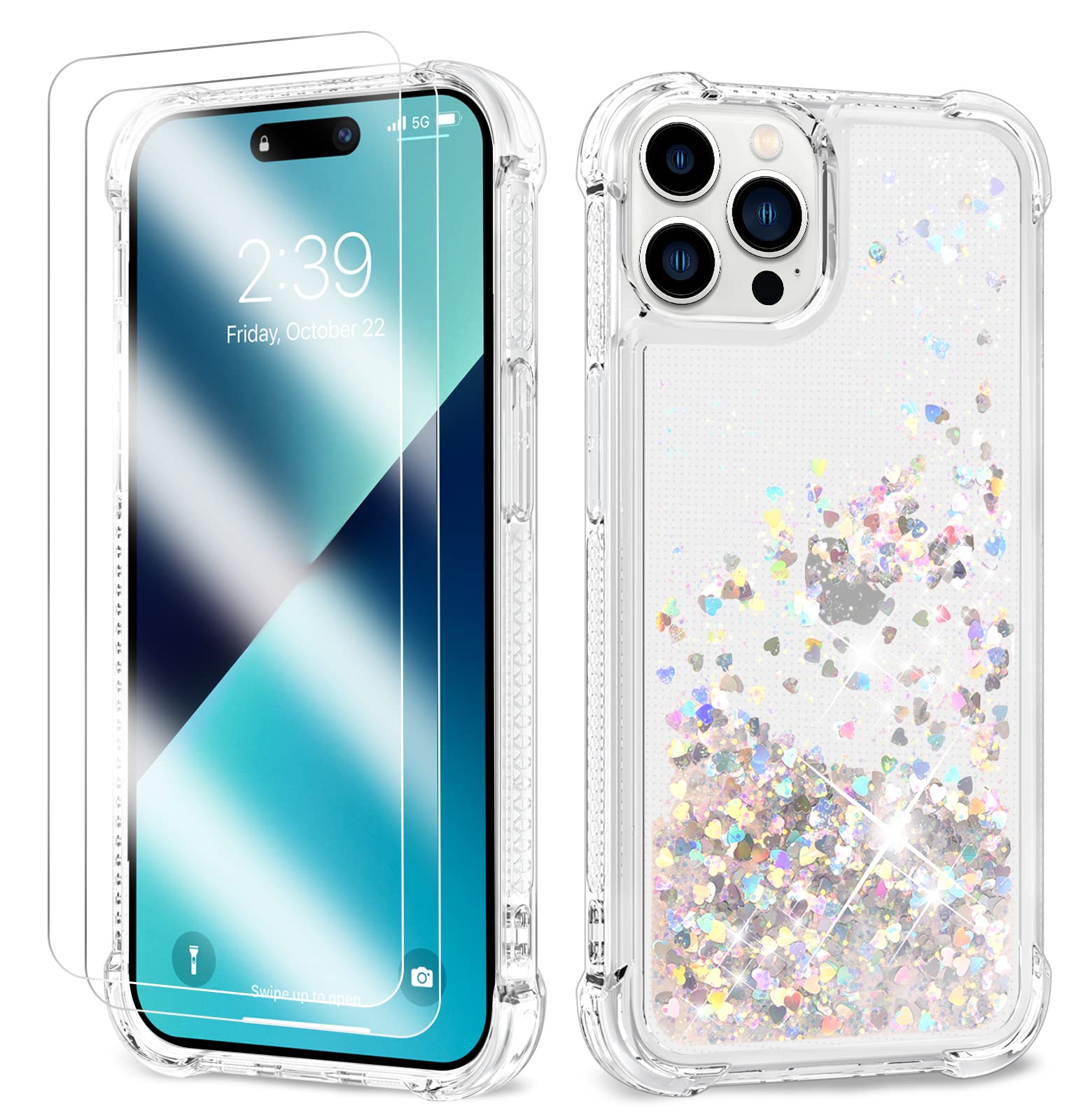 ANSHOW for iPhone 15 Pro Max Case Glitter, Shockproof Clear TPU Phone Case with 2 Screen Protectors, Bling Silver Glitters Case for Women