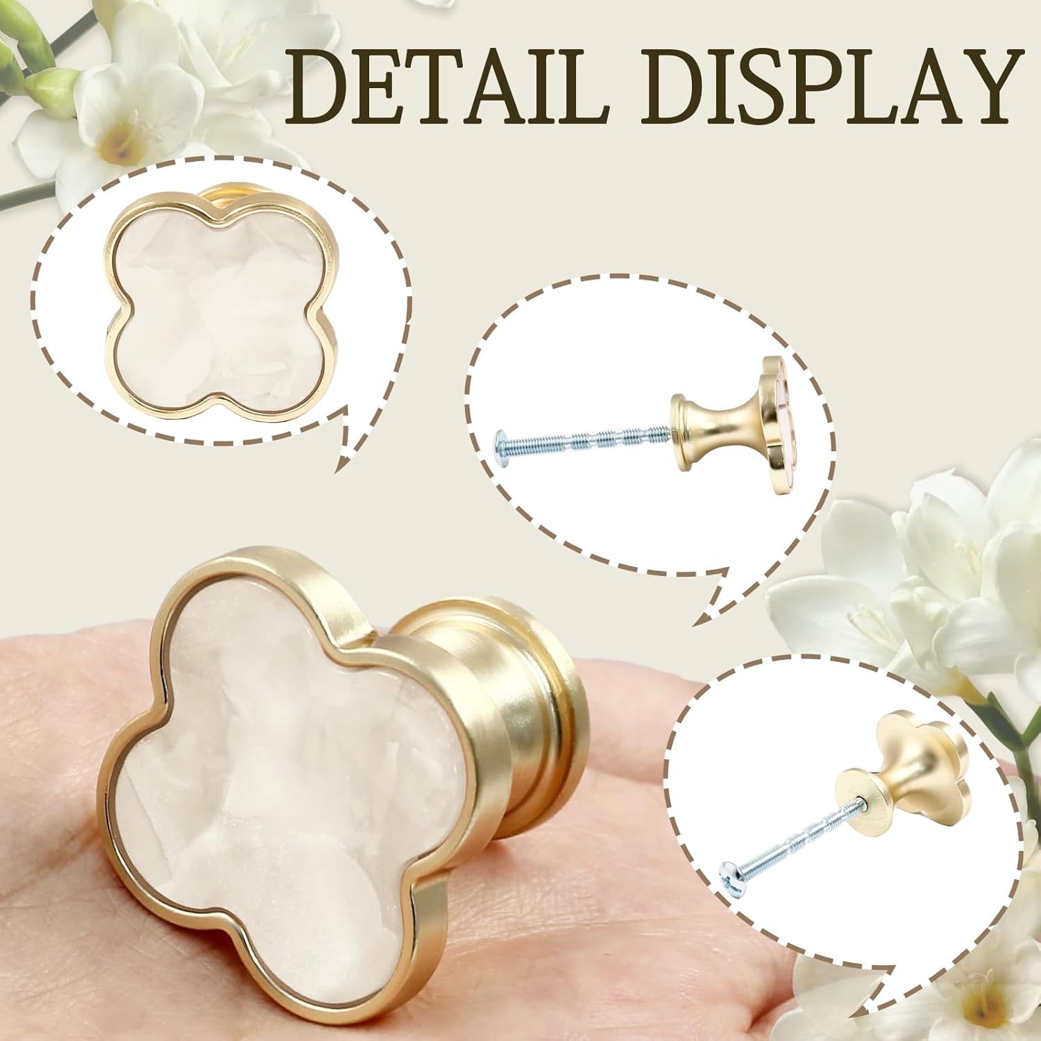 12 Pack Cabinet Knobs, Clover Decorative Drawer Knobs, Brushed Gold Kitchen Cabinet Pulls, Vanity Drawer Handles for Closet, Cupboard, Pantry (White)