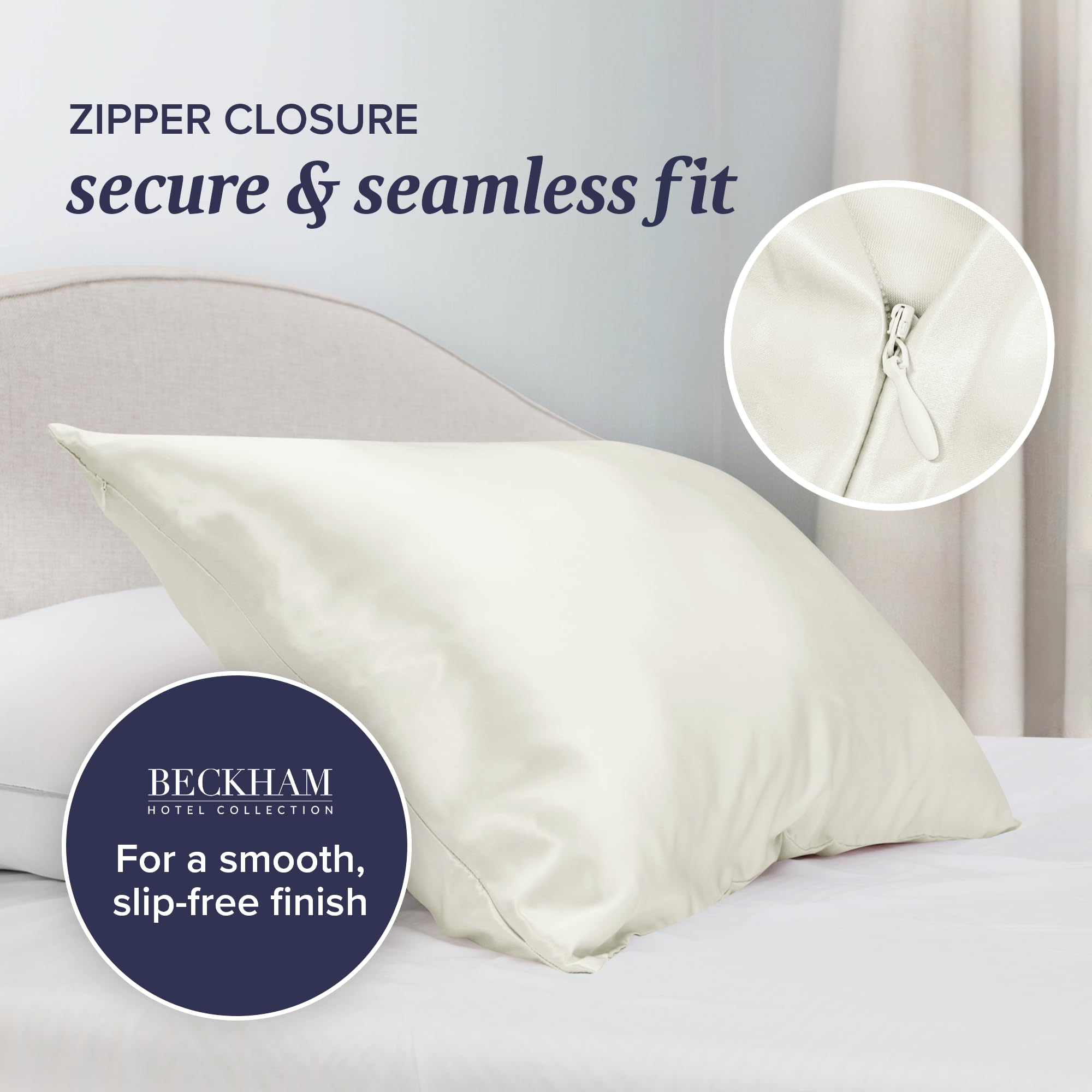 Beckham Hotel Collection Silk Pillow Case with Zipper, 100% Mulberry Silk Pillowcase for Hair & Skin, 22 Momme 6A Grade, Oeko-TEX Certified, 1PC, King, Ivory