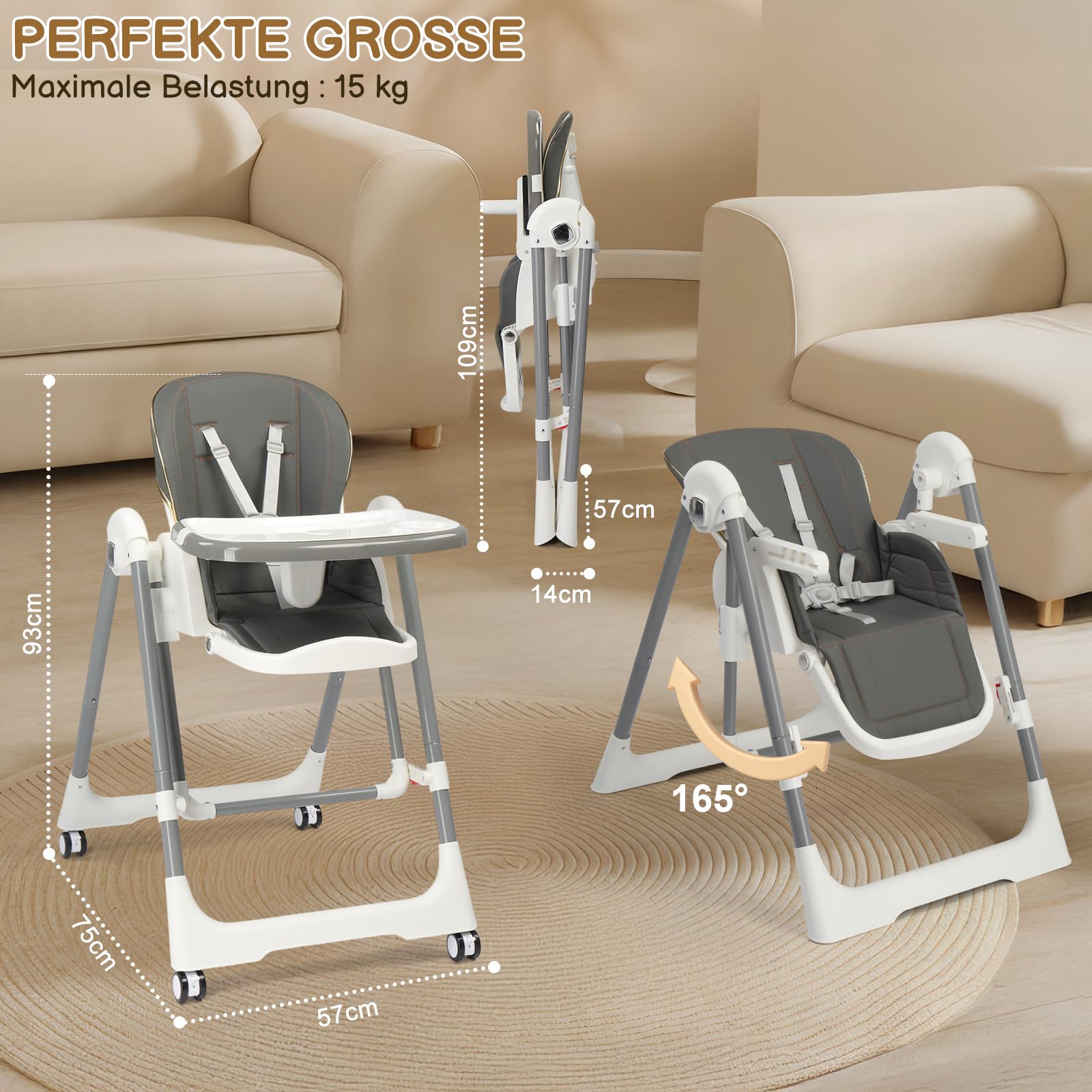 LEADZM Trona para bebé, convertible en cuna, altura regulable en 6 posiciones, bandeja doble extraíble, trona plegable para bebé con ruedas, adecuada para bebés de 6 a 36 meses (gris)
