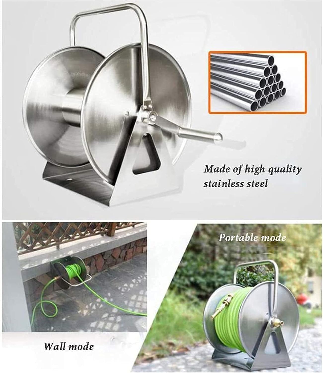 Metalowy bęben na wąż ogrodowy montowany na ścianie, przenośny wieszak ze stali nierdzewnej(25 meters water pipe)