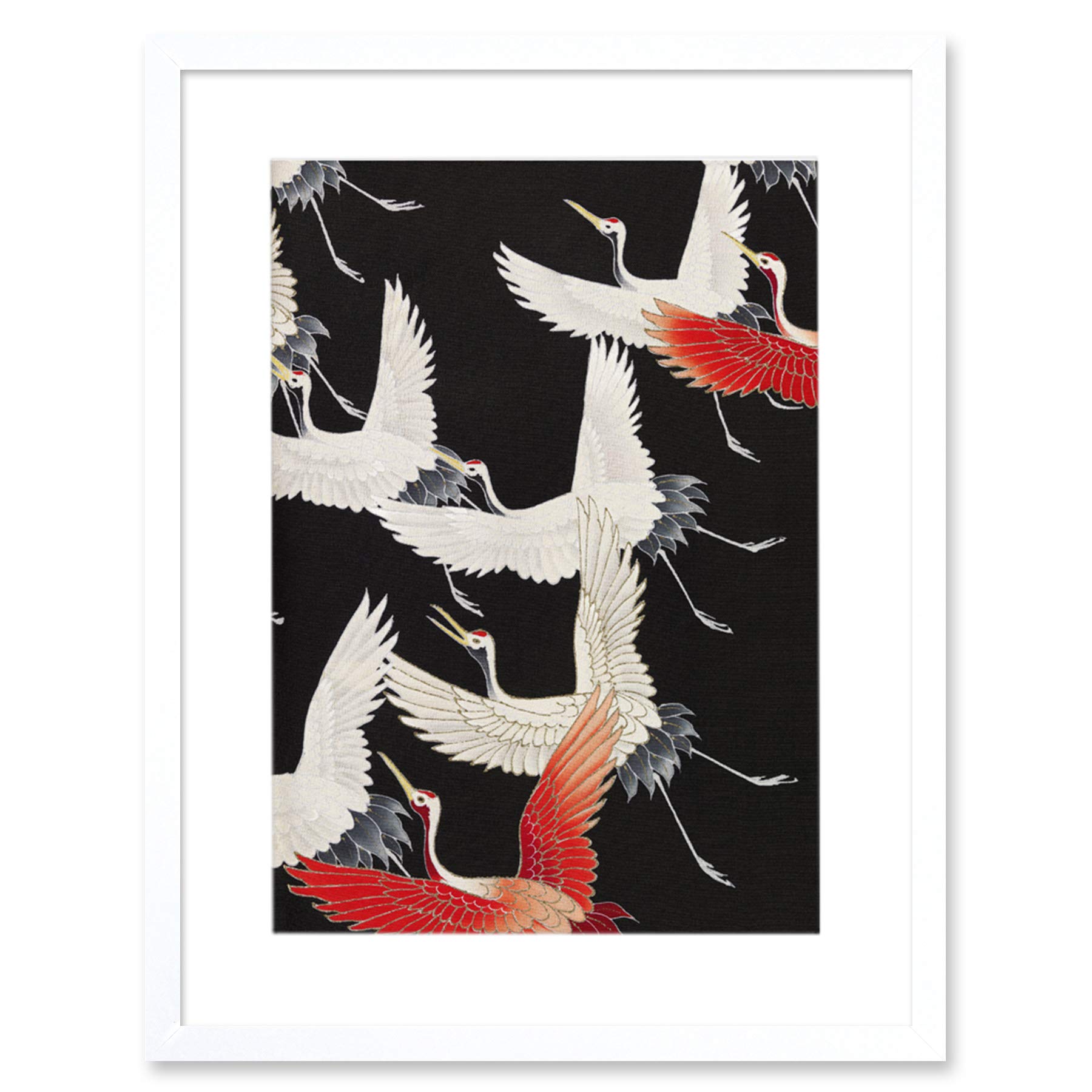 Wee Blue Coo Japanese Crane Kimono Pattern Artwork Framed Wall Art Print 12X16 Inch