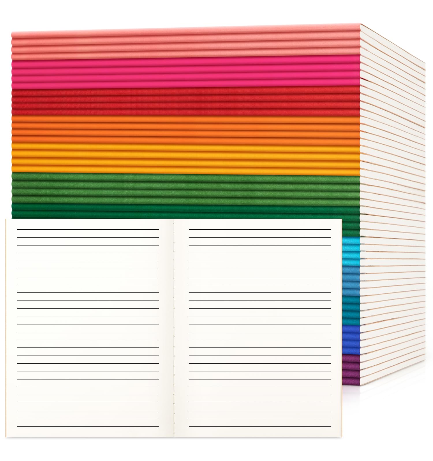 Paquete de 48 cuadernos rayados a granel, 7-1/2 x 9-3/4 pulgadas, papel rayado ancho, 30 hojas/60 páginas, cubierta kraft con lomos arcoíris, cuaderno de composición rayado de 12 colores para el