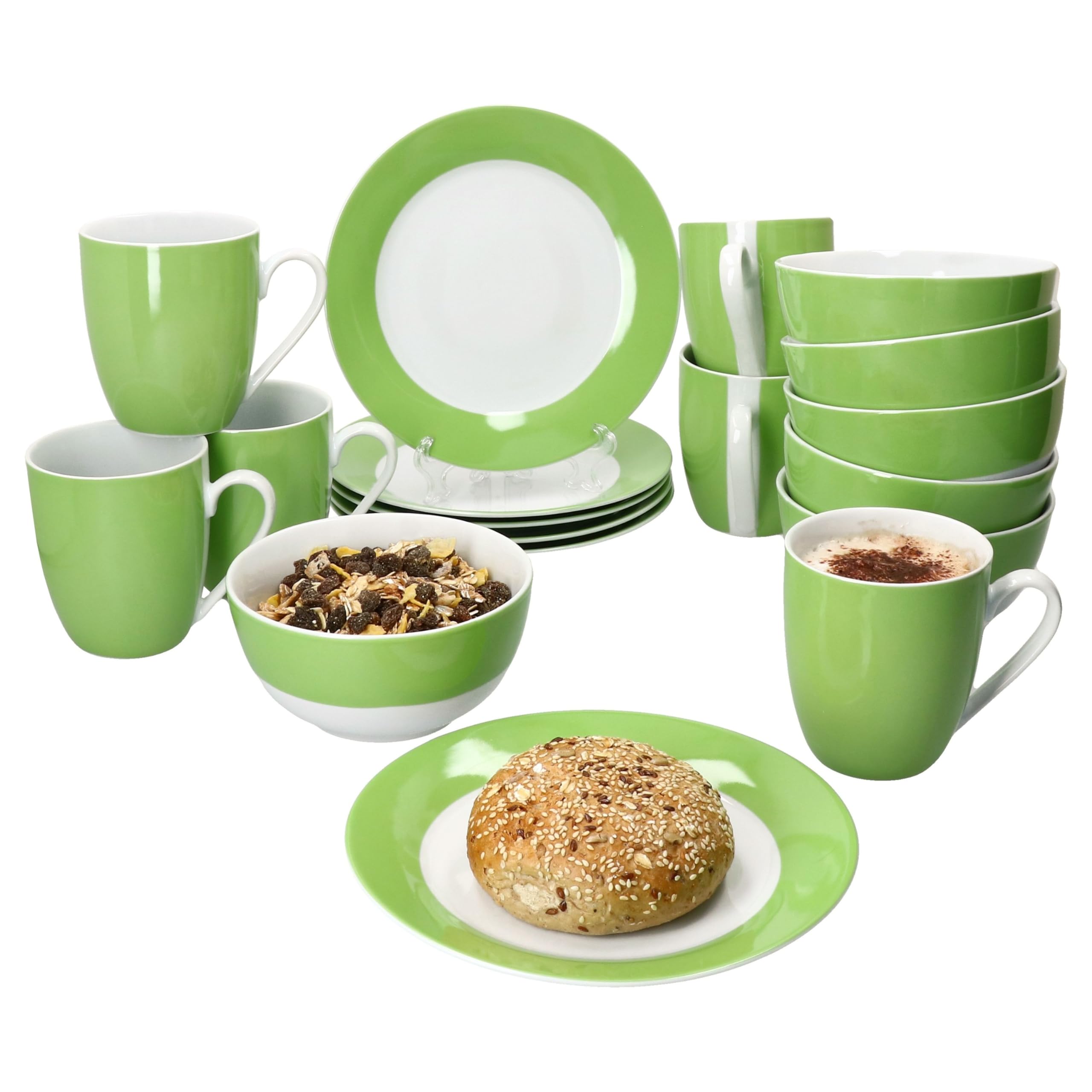 MamboCat Variant Grün 18tlg Frühstücksset I Je 6X kleine Teller, Schale 450ml & Kaffeebecher 350ml, Höhe 10,3cm für 6 Personen I Porzellan-Geschirr für Frühstücks- & Kaffeezeit