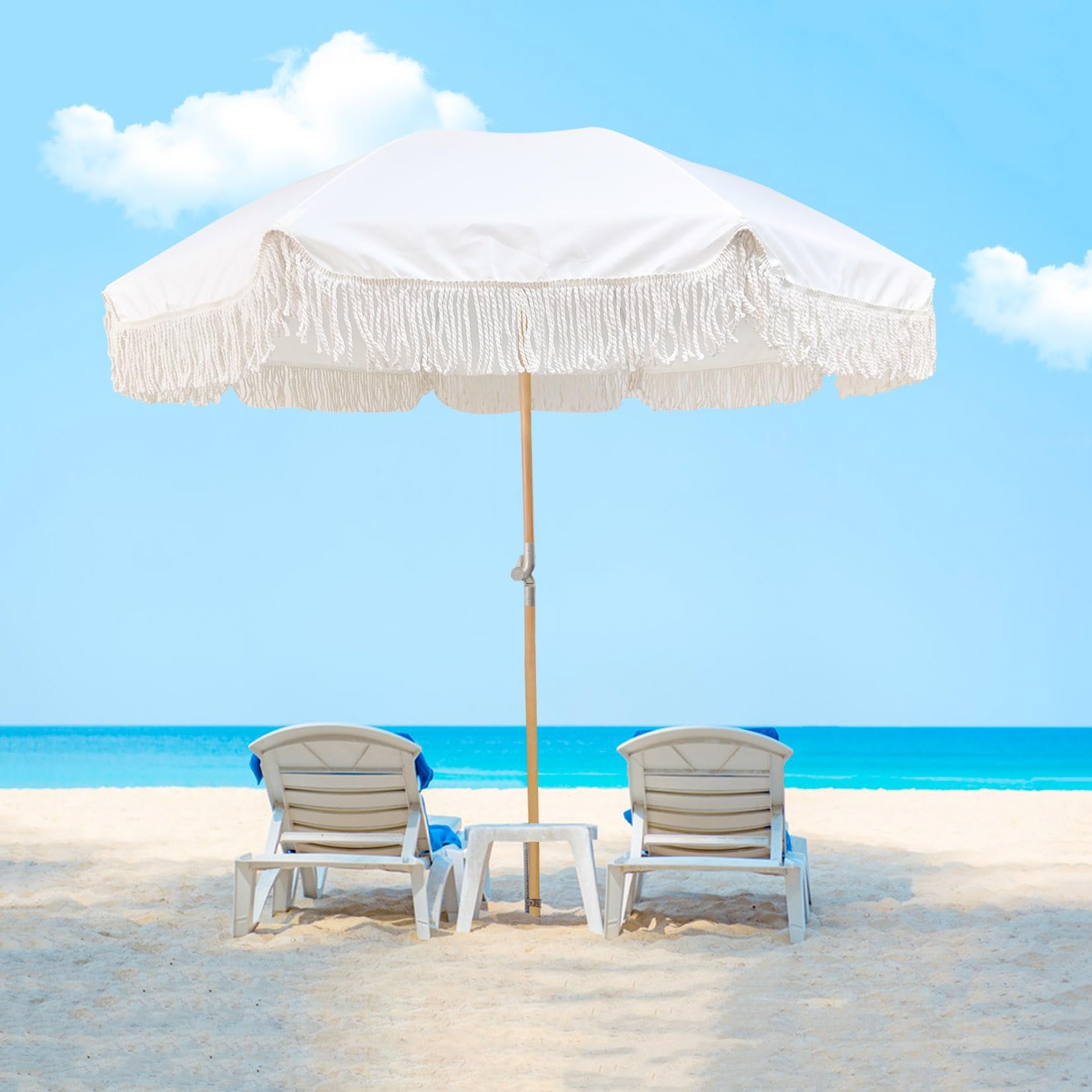 Boho Beach Umbrella With Fringe White Patio Umbrella 6ft Holiday Outdoor Umbrella Foldable With Carry Bag Tassel Umbrellas UPF50+ UV Protection Garden Umbrella With Tilt For Garden Lawn Pool Table