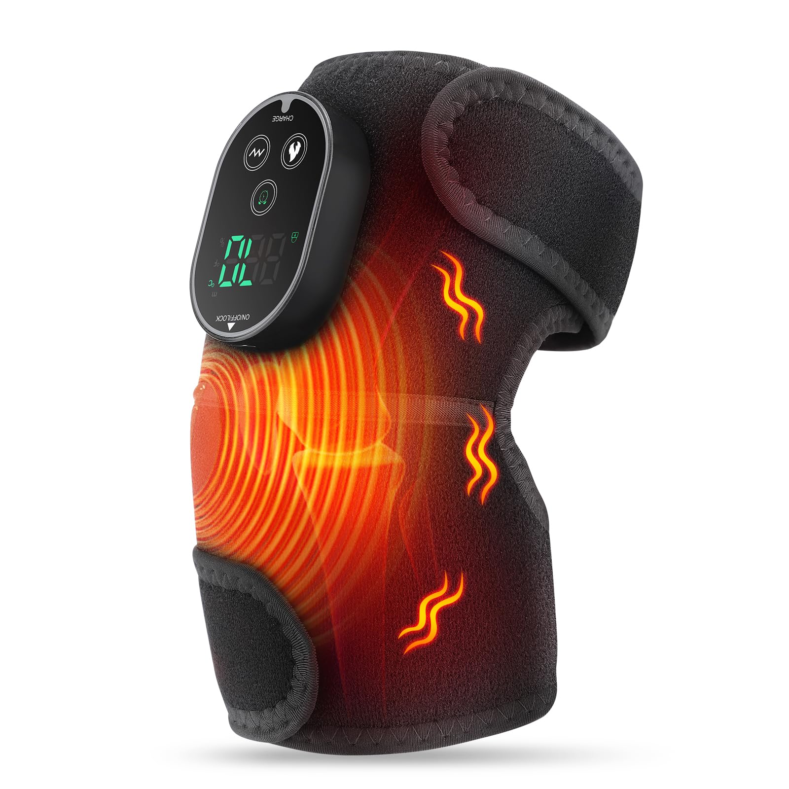 Kabelloses beheiztes Kniemassagegerät, Beheizte Kniebandage Wrap Knie mit Vibration, Knieheizkissen für Schulter Ellenbogen, Wärmekissen für Knie mit 6 Heizstufen, 3 Massagemodi & Timer