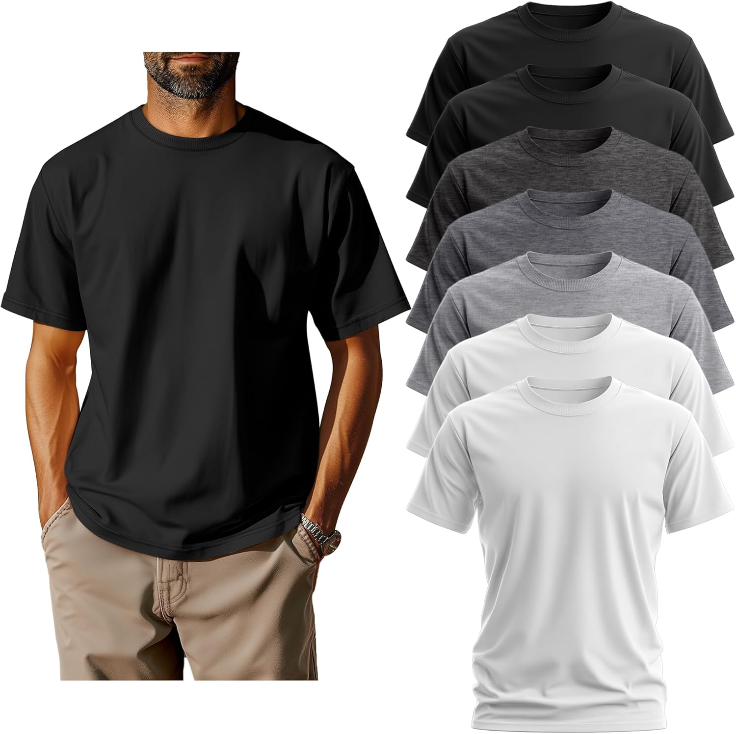 Neer 7 Pack Men's Big and Tall Shirts Summer Cotton Short Sleeve Tee Crew Neck Casual Top Basic Oversize T Shirts