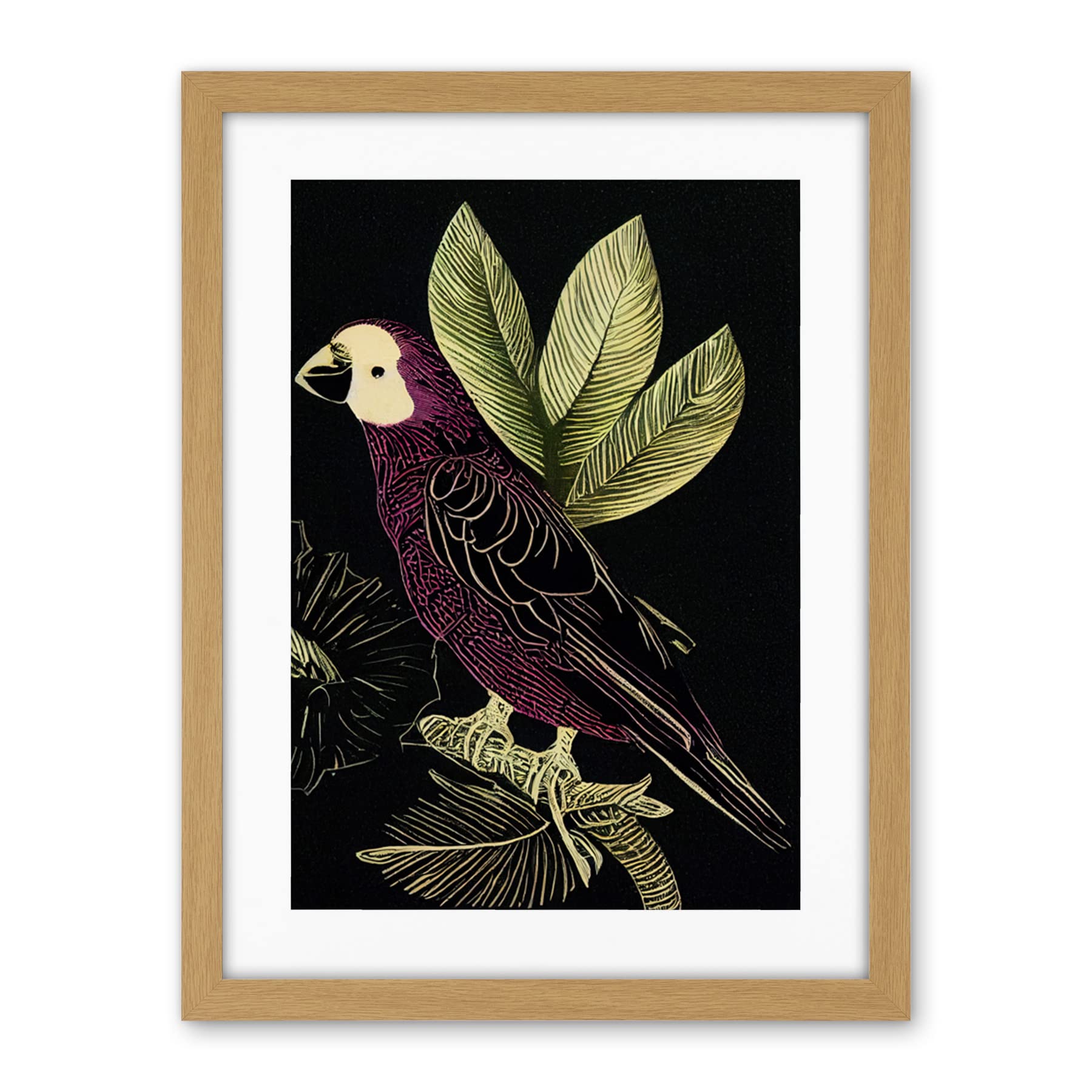 Wee Blue Coo Burgundy Parrot Leaves Tree Branch On Black Vintage Linocut Illustration Artwork Framed Wall Art Print 18X24 Inch