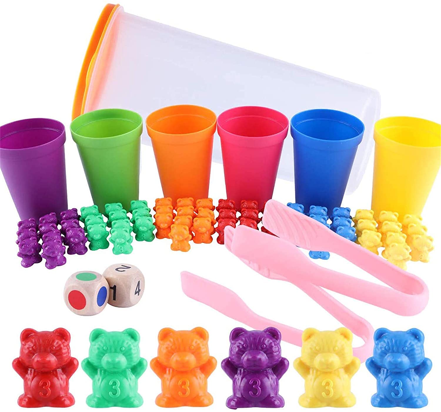 71pcs Rainbow Counting Bears Set with Storage Bag, Matching Sorting Cups, Bear Counters and Dice Math Toddler Games
