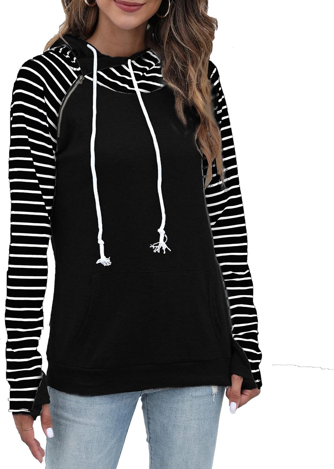 Womens Long Sleeve Tops Pullover Fashion Sweatshirts Double Hooded Block Casual Comfort With Kangaroo Pockets