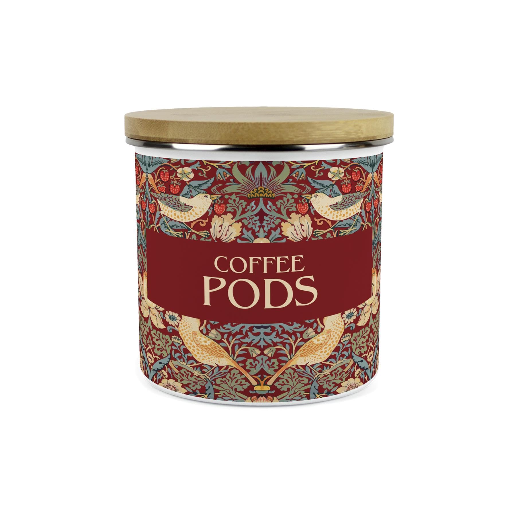 Purely Home Red Strawberry Thief Coffee Pods Canister - 1.2L Large William Morris Inspired Tapestry Artwork Enamel Kitchen Storage Gift