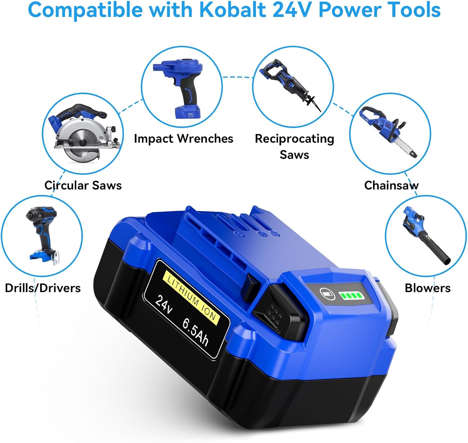 2 Pack 6.5Ah Replacement for Kobalt 24V Battery KB624-03 KB524-03 KB424-03 KB224-03 KB124-03, Compatible with Kobalt 24V Cordless Power Tools