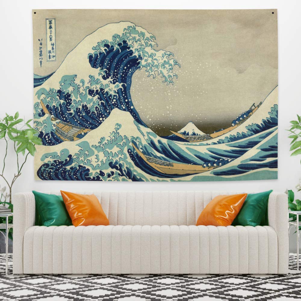 YONGFOTO 150 x 130 cm japoński gobelin Ukiyo-E, wielka fala wisząca na ścianie kanagawa łódź włókno poliestrowe gobelin na werandę dekoracja salon akademik narzuta na łóżko sztuka ścienna