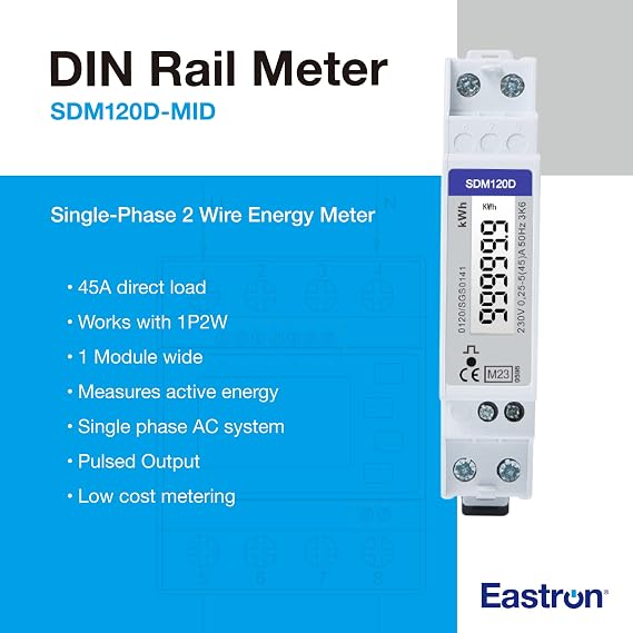 SDM120D Single Phase 230V 0.25-5 45 Amp kWh DIN Rail Electric AC Meter Pulse Output 1000 Imp/kWh Digital LCD MID Certified/Calibrated