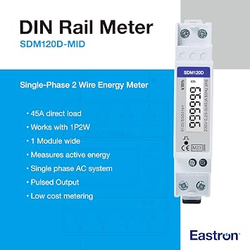 SDM120D Single Phase 230V 0.25-5 45 Amp kWh DIN Rail Electric AC Meter Pulse Output 1000 Imp/kWh Digital LCD MID Certified/Calibrated