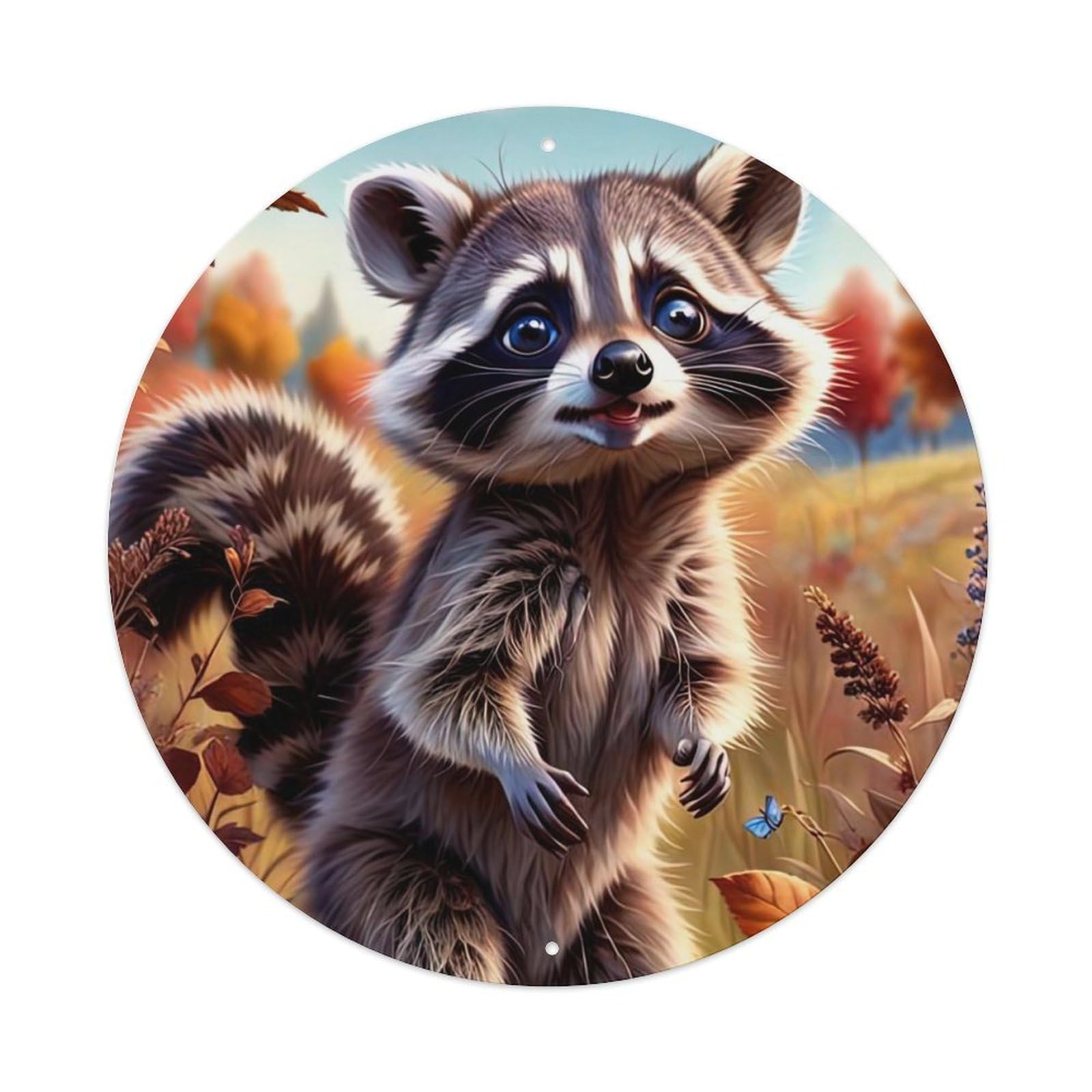Wildlife Artwork Cute Little Raccoon And Waste Butterfly Metal Tin Sign