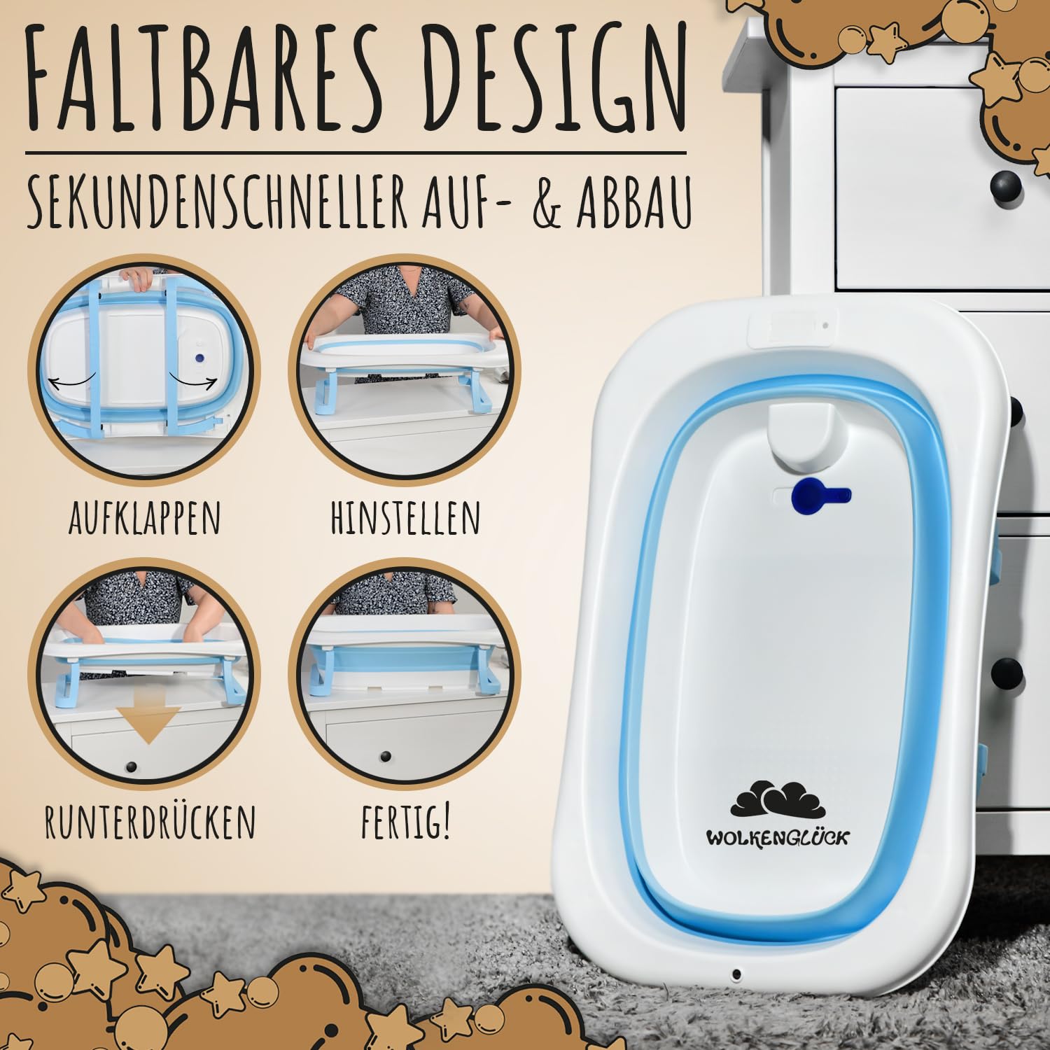 WOLKENGLÜCK® Faltbare Babybadewanne [50 Liter] - Platzsparende Baby Badewanne inkl. Thermometer, 4 Spielbällen & extra weichem Badekissen - Hochwertige Badewanne für Babys - BPA-frei