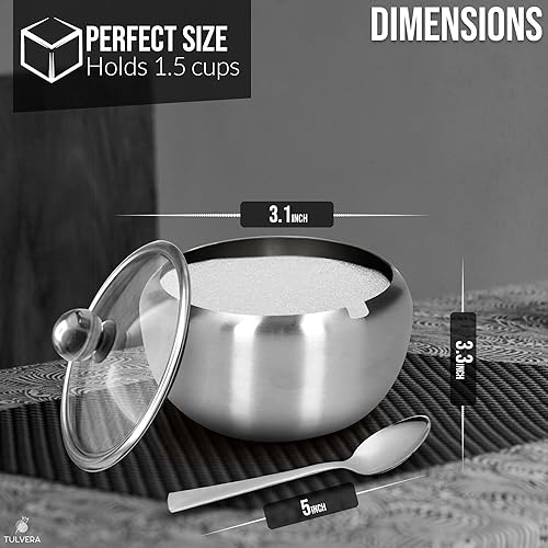Miniatura 3 de Azucarero con tapa de vidrio y cuchara  Contenedor de azúcar de 12 onzas para barra de café  Tarro de acero inoxidable para sal, té, dulces, cubo de