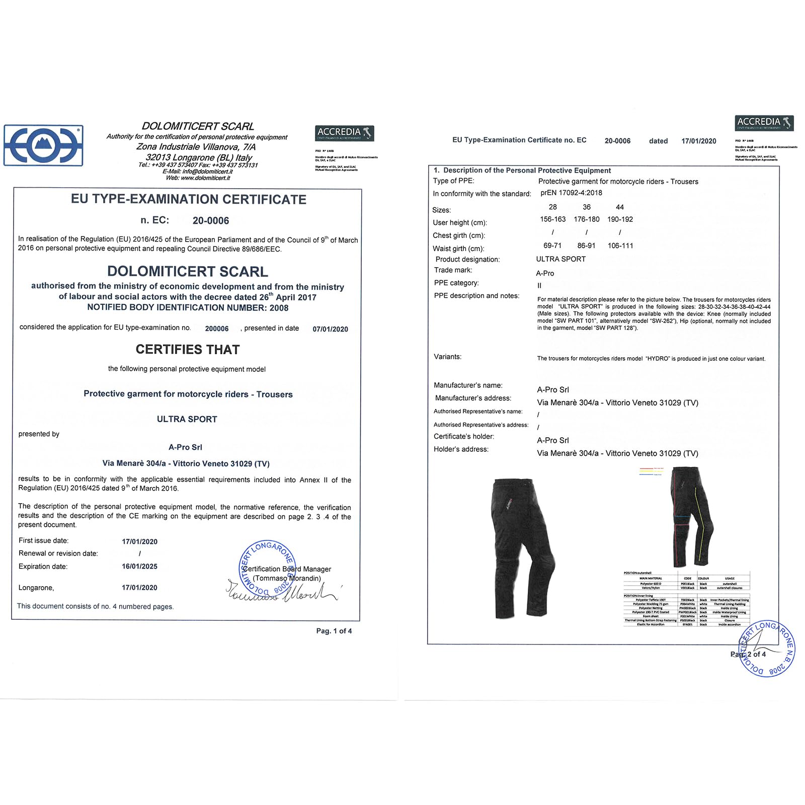 A-Pro Pantaloni Cordura Tessuto Moto Impermeabile Termica Sfoderabile Touring Donna 34