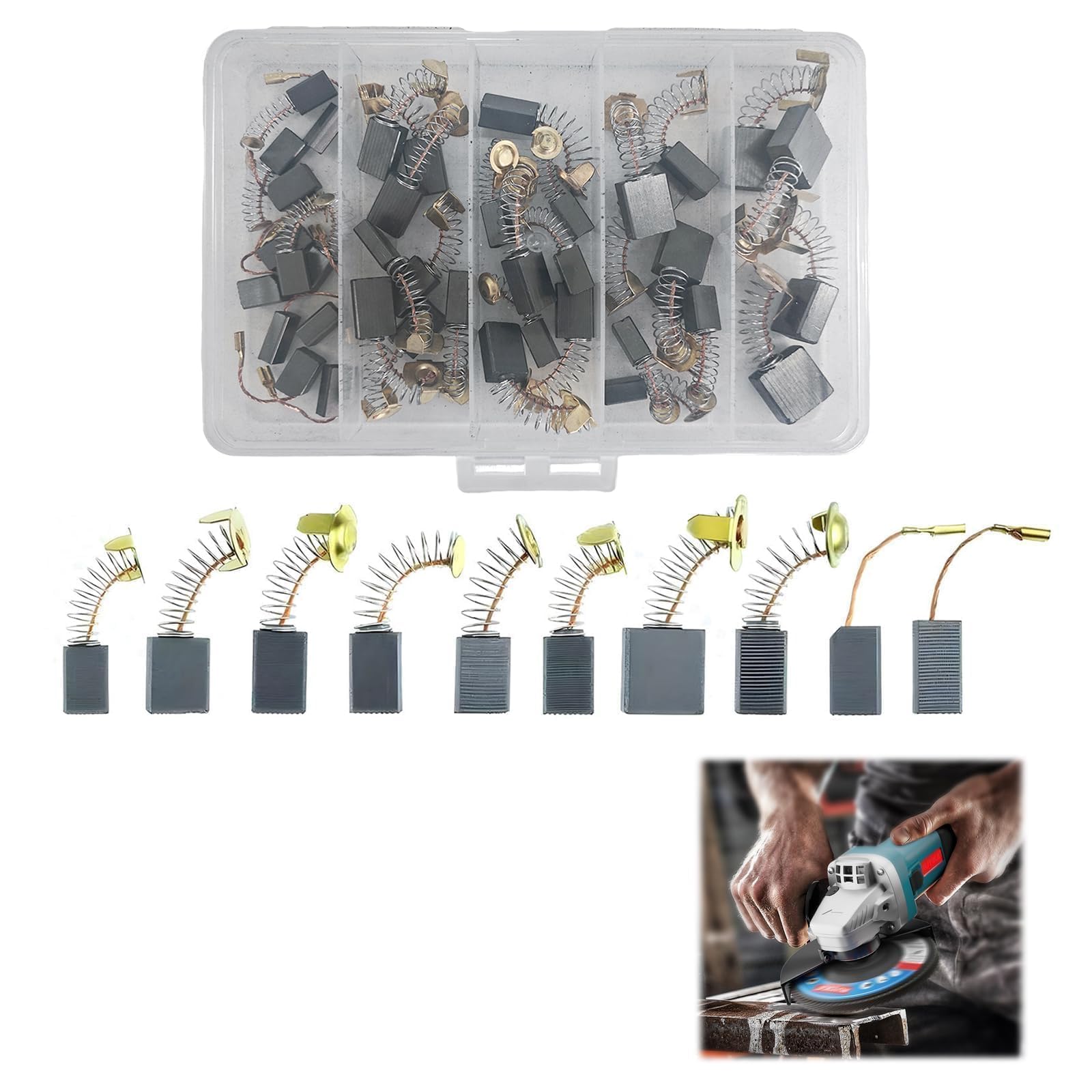 Spazzole Motorino Avviamento 40 Pezzi, 10 Misure Carbonio-Grafite per Utensili Elettrici con Scatola Trasparente, Resistenti all'Usura per Martelli Perforatori, Seghe Circolari