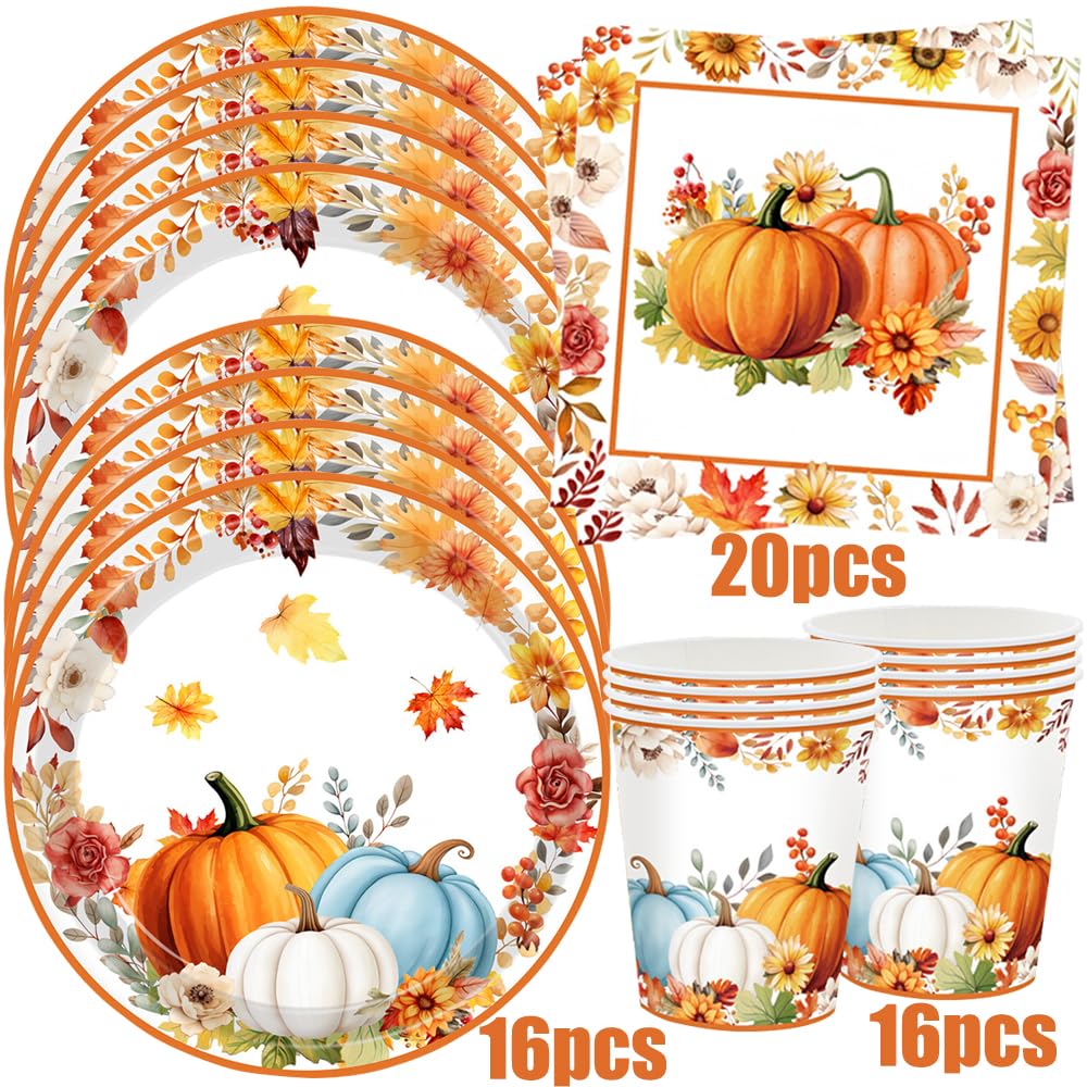 Zucca Stoviglie per Feste Decorazioni Autunno Ringraziamento Stoviglie Zucca Autunnali Bicchieri Piatti Carta Tovaglioli Forniture per Feste di Halloween Autunnale 16 Ospiti