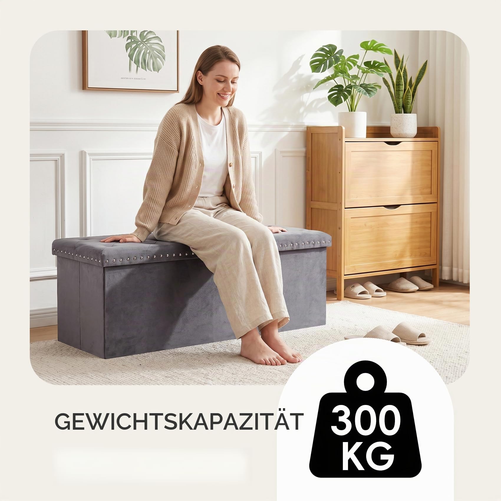 PINPLUS Klappbare Sitzbank mit Stauraum, Samt, 110x40x40 cm, Grau | Bettbank mit dickem Deckel, Truhenbank & Fußbank, große Aufbewahrung, platzsparend, für Wohnzimmer, Schlafzimmer, Diele