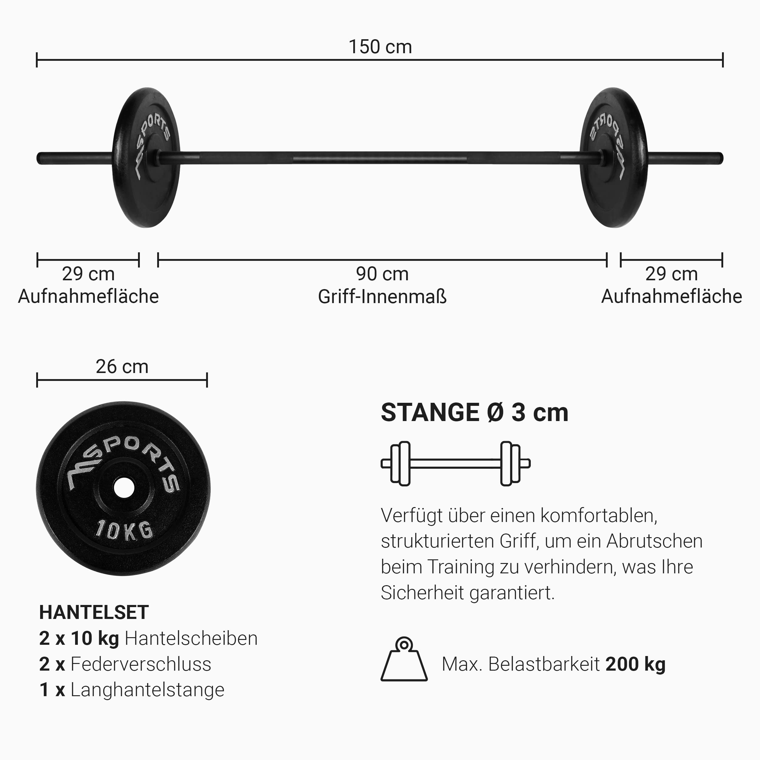 Sztanga długa z zapięciem sprężynowym + odlew 20, 30, 40 lub 60 kg – talerze do sztangi długie (sztanga długa + 20 kg)