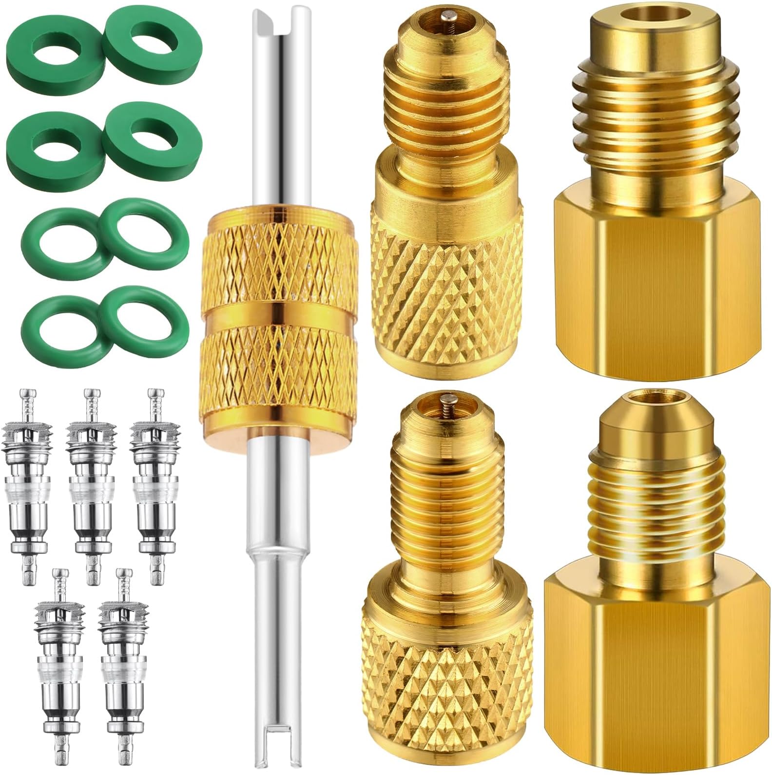 JaGely 17 Pcs Brass Refrigerant Tank Adapter 1/4" to 1/2" Fitting Adapter 1/2" to 1/4" Vacuum Pump Port Connection Kit with Valve Core Remover Washer Gasket for Ac Refrigerant System (R134a Model 1)