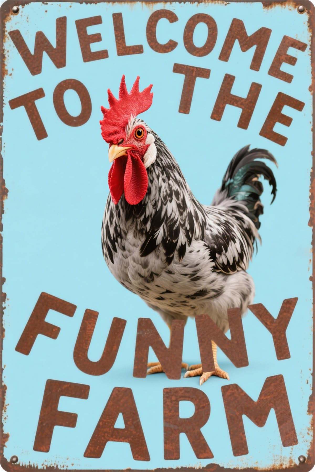peiyeety Metal Tin Sign Welcome To The Funny Farm Rooster Farmhouse Decorative Metal Wall Art Plaque For Kitchen Farm Living Room Bedroom Patio Bar Rustic Wall Decor 12x16 Inch