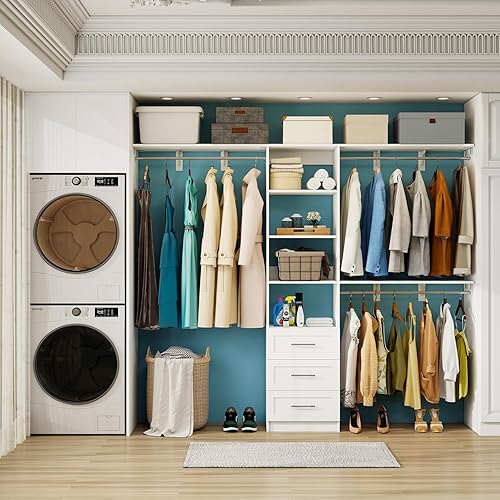 Miniatura 6 de Sistema de armario de 96 pulgadas con cajones de madera, sistema organizador de armario de 5 pies a 8 pies con torre de estantes, sistema de armario