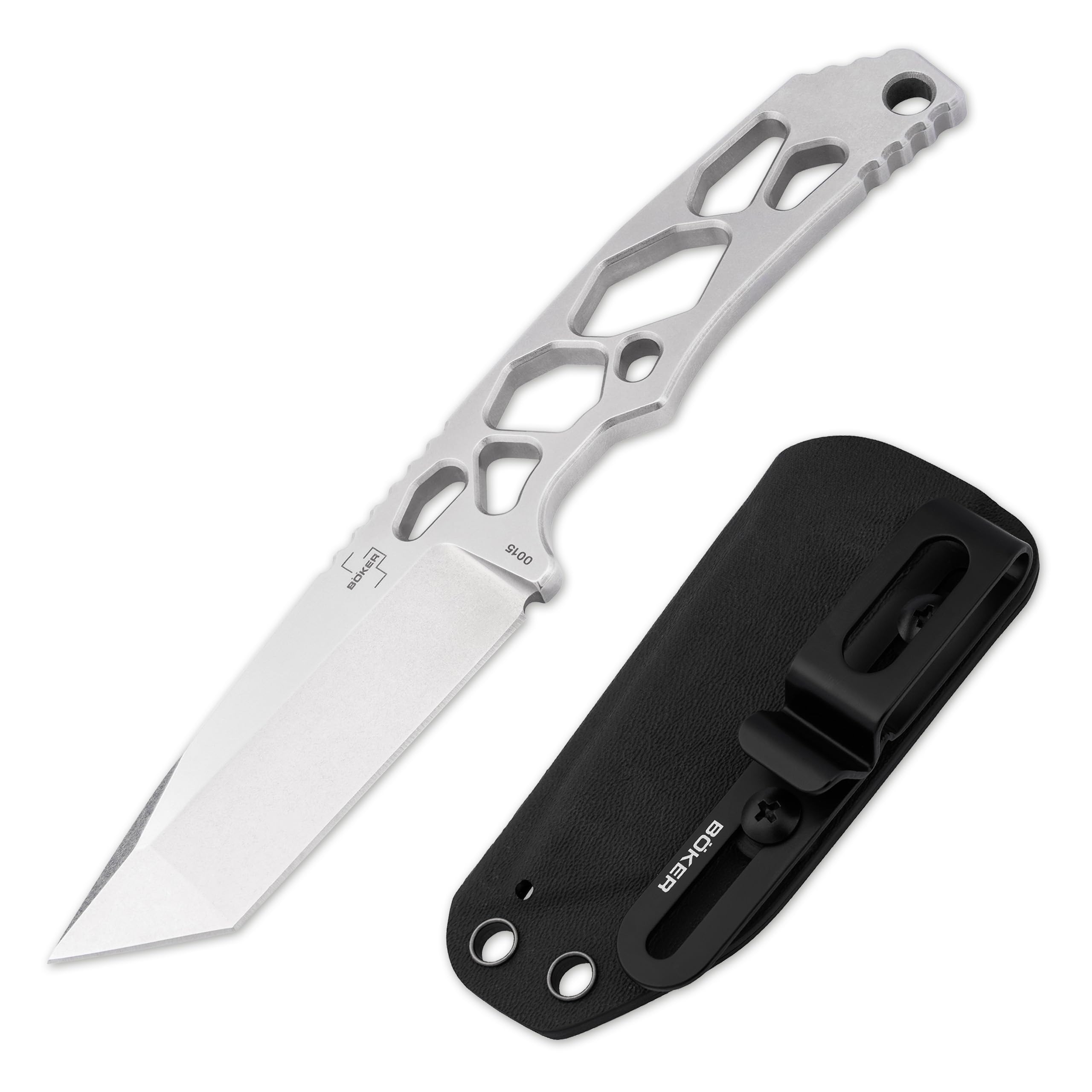 BÖKER PLUS Superlight Tanto – Skelett Messer feststehend 42a konform - Neck Knife mit Kydex-Scheide & Gürtel-Clip – Tactical Knife mit 7,3 cm D2 Tanto-Klinge – Fixed Ganzstahl Outdoor Messer