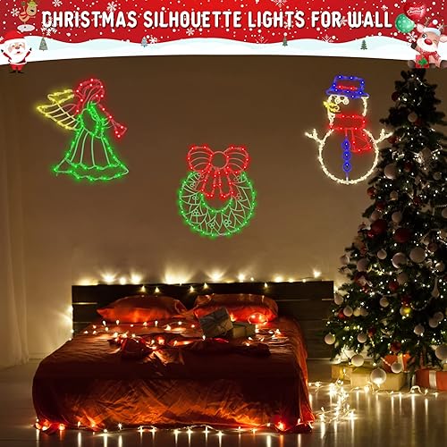 Miniatura 4 de Paquete de 4 luces de silueta de ventana de Navidad, muñeco de nieve iluminado, ángel trompeta, corona, árbol de Navidad, luces de ventana de