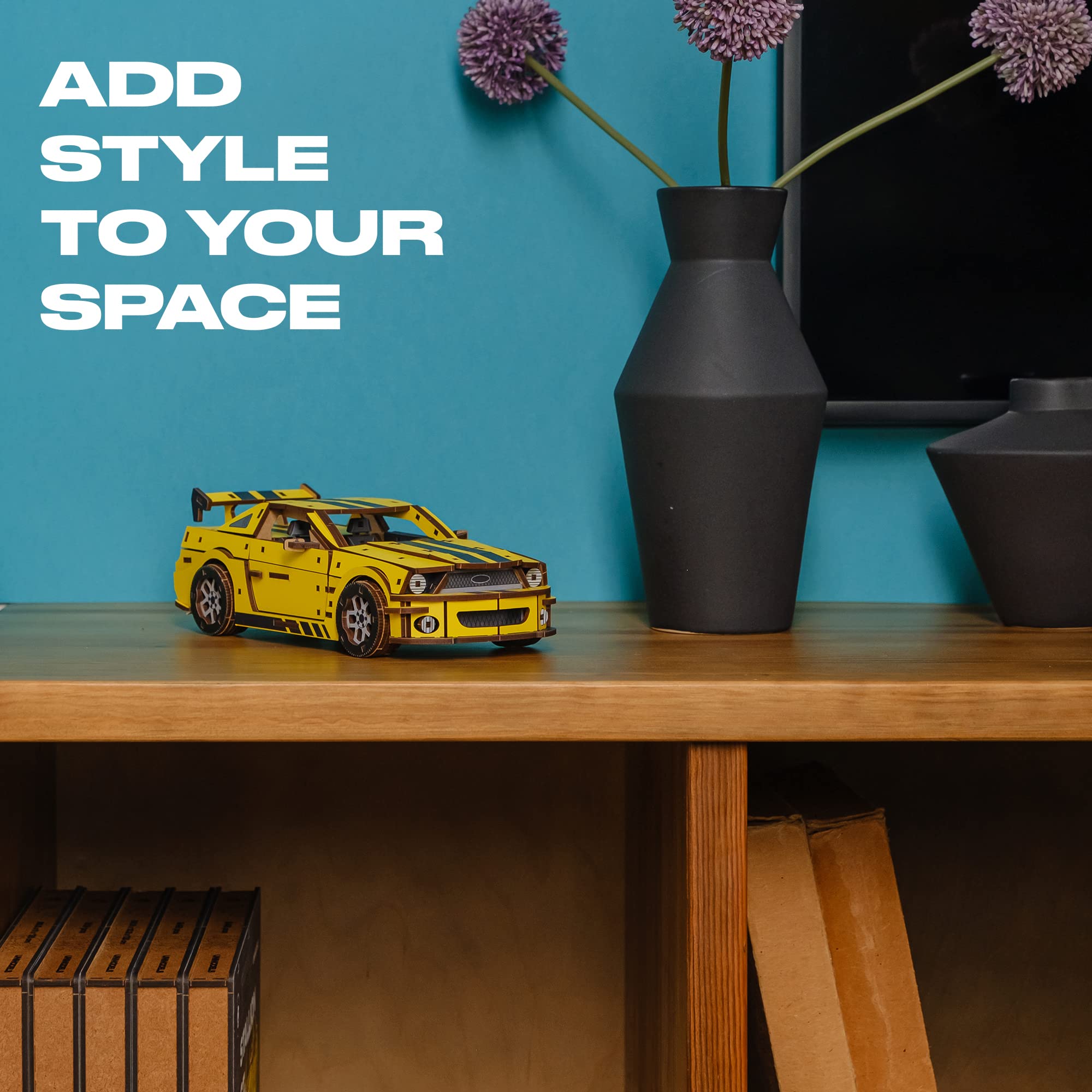 UNIDRAGON Original Wooden Jigsaw Puzzles for Adults Unimodels Stallion GT Yellow 248 Pieces, Assembled Car Model, Gift Box, Shaped Pieces