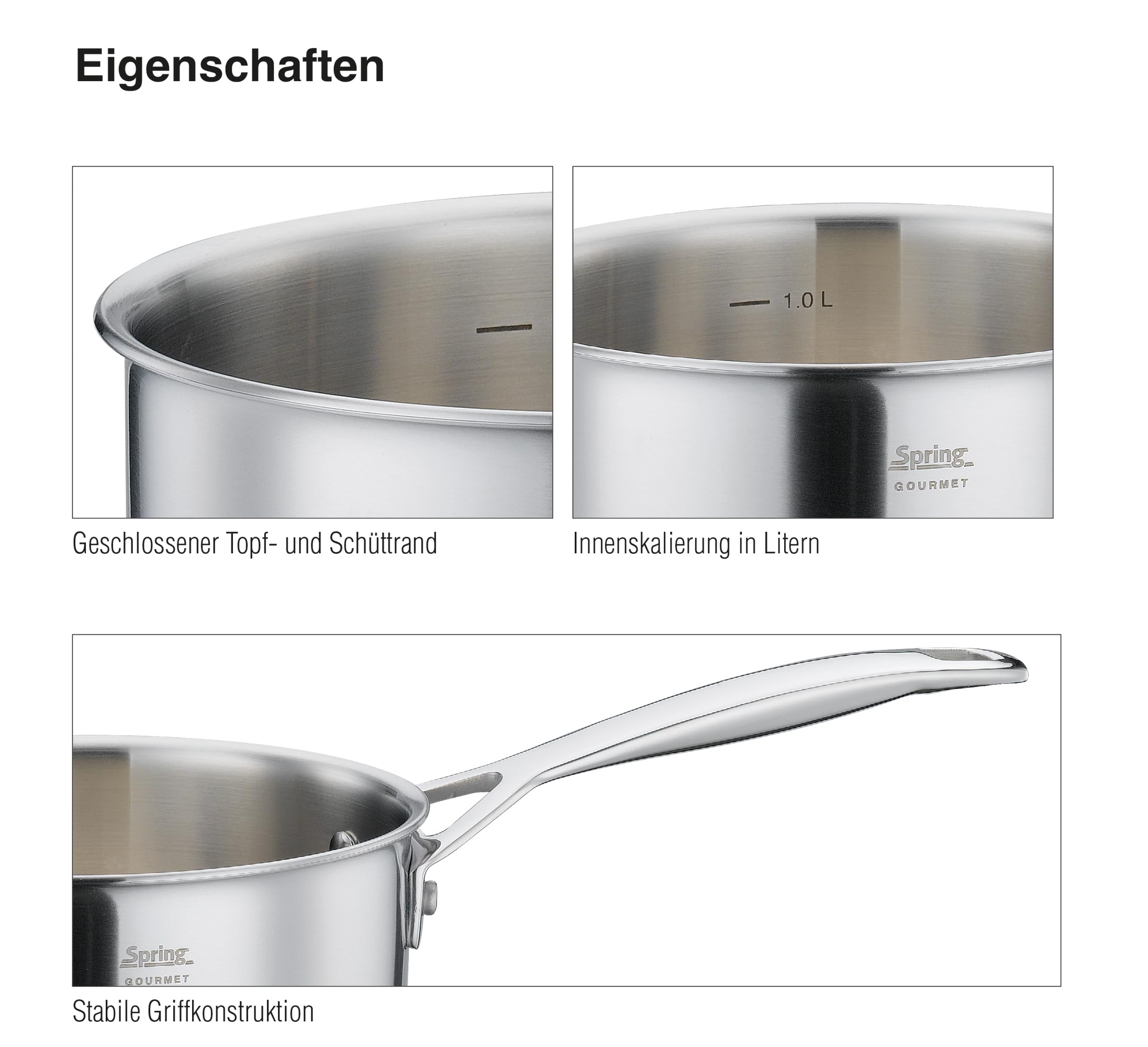 Spring GOURMET rondel Ø 16 cm, 1,4 l, stal nierdzewna, nadaje się do kuchenek indukcyjnych, nadaje się do piekarników/mycia w zmywarce, materiał wielowarstwowy, rdzeń aluminiowy, skala wewnętrzna