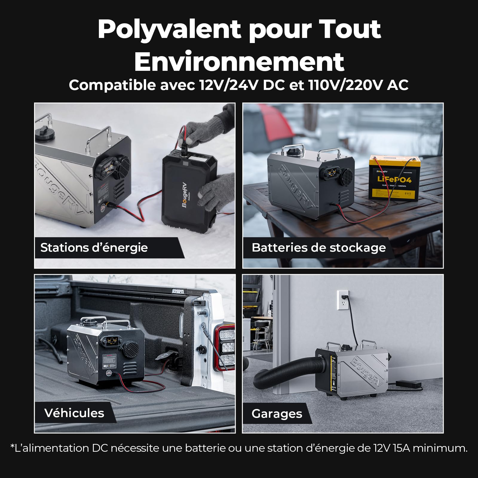BougeRV Chauffage Diesel 5kW avec Minuteur Pompe Silencieuse Contrôle FB/App Écran LCD Chauffage Stationnaire 12/24V 220V Tout-en-Un Tuyau D'Échappement Vissable Protection Anti-Fuite