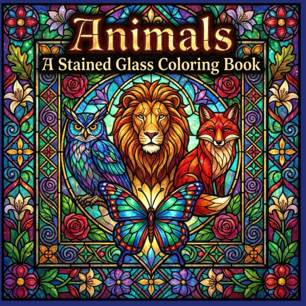 Animals A Stained Glass Coloring Book: Wildlife and Nature Designs with Detailed Line Art for Relaxation and Creative Focus (The Stained Glass Coloring Book Series)