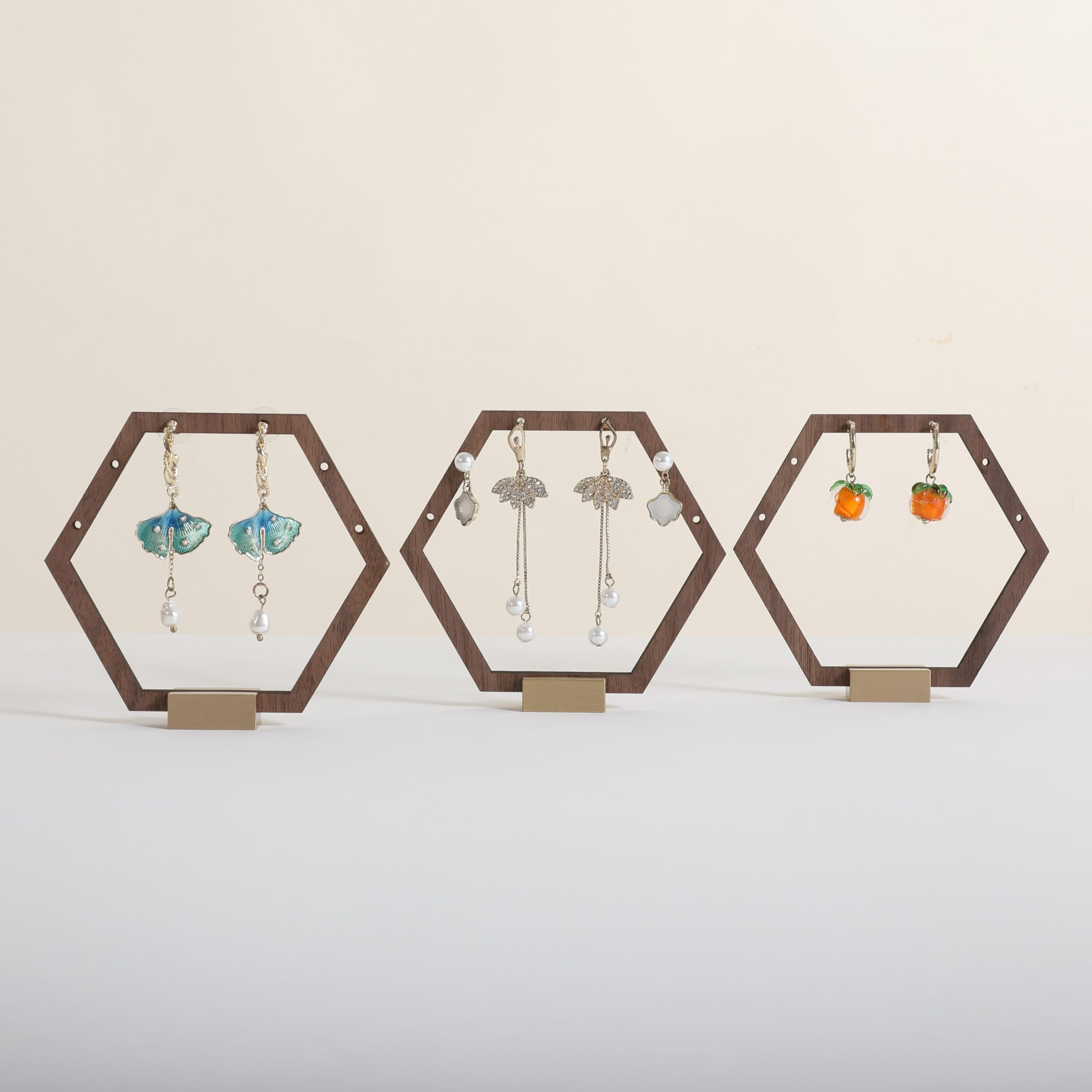 GemeShou 3pcs Wooden stud earring organizer holder, walnut earring hangers with brass base, Small Cute earring display for selling with 9 holes for each【Hexagon frame-3pcs】