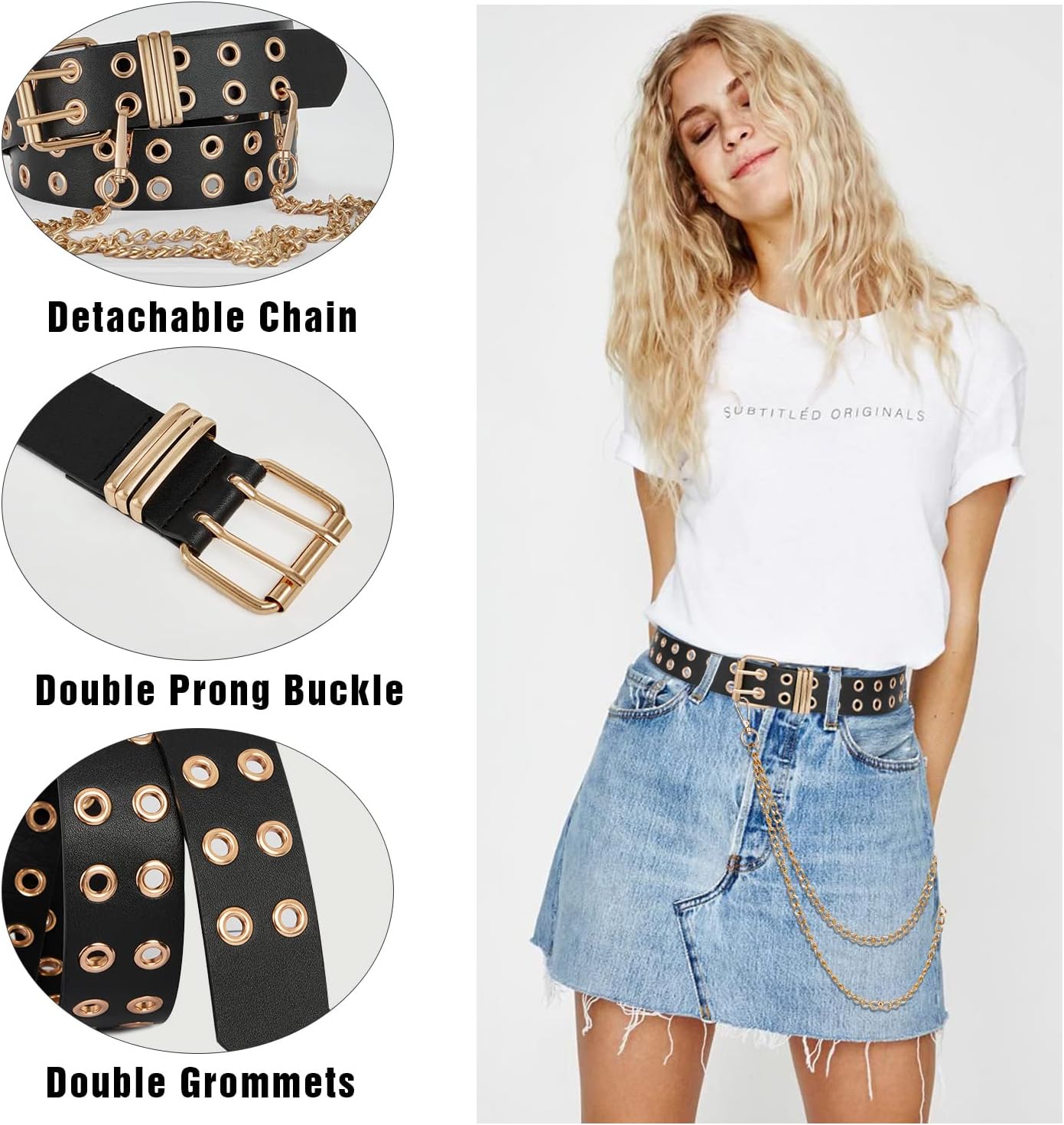 FIORETTO Grommet Leather Belt with Detachable Chain Women Men Punk Rock Waist Belts for Jeans Pants - Image 2