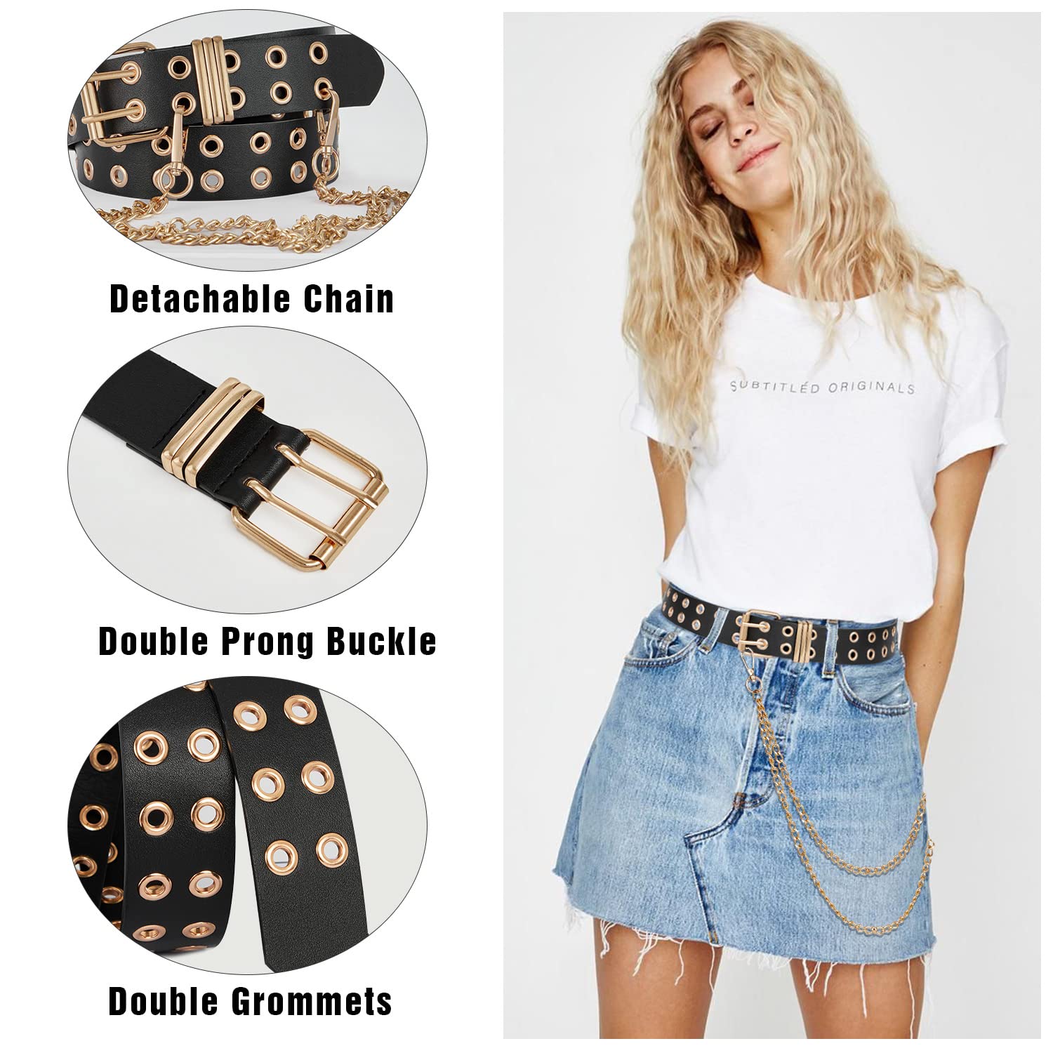 Cinturón de cuero con ojales y cadena desmontable para mujeres y hombres, cinturones de cintura punk rock para pantalones vaqueros, Doble ojal (con cadena dorada) 2