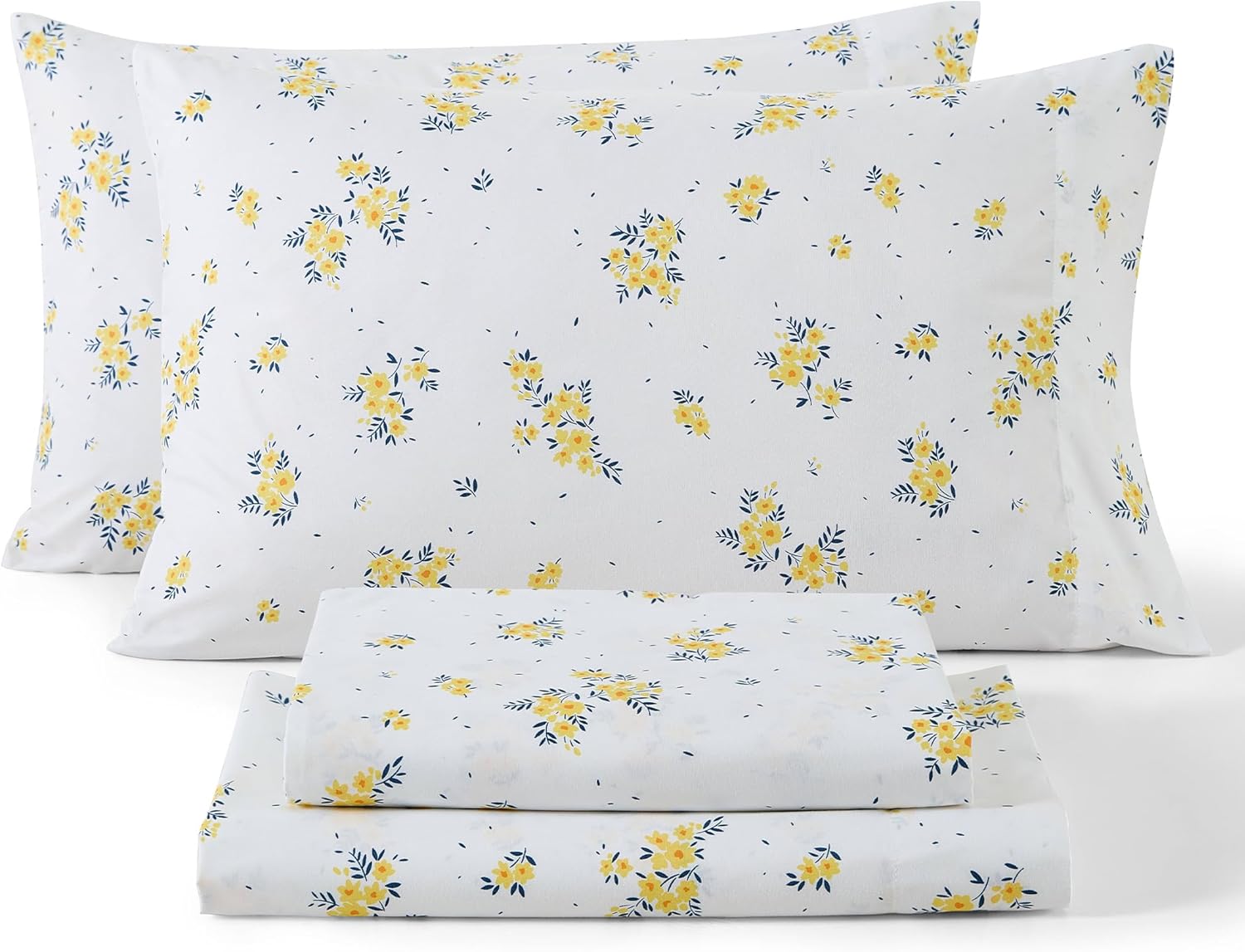 HLC.ME Blue & Yellow Floral Bed Sheets - 4 Piece Bed Sheet Set - Wrinkle Resistant & Ultra Soft - Fits Mattresses up to 15 Inches Deep (Blue, King)